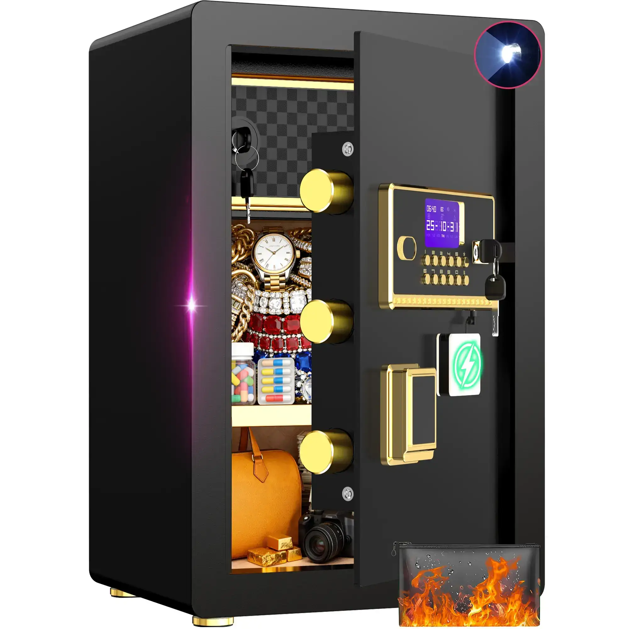 Large Safe Box, Digital Keypad Home Security Safe With Smart Alarm System & Interior Safe Lock Box, for Valuables Spy Gadgets Inner Safe Box with Fireproof Waterproof Bag, New Home Renovation Essentials,Adjustable Shelf