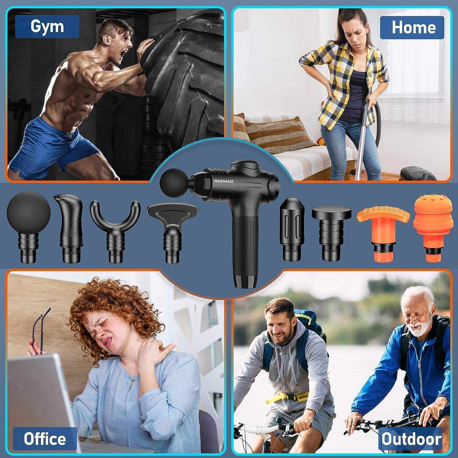 RAEMAO Massage Gun Deep Tissue, Back Massage Gun for Athletes for Pain Relief Attaching 8 PCS Specialized Replacement Heads, Percussion Massager with 10 Speeds & LED Screen, Carbon