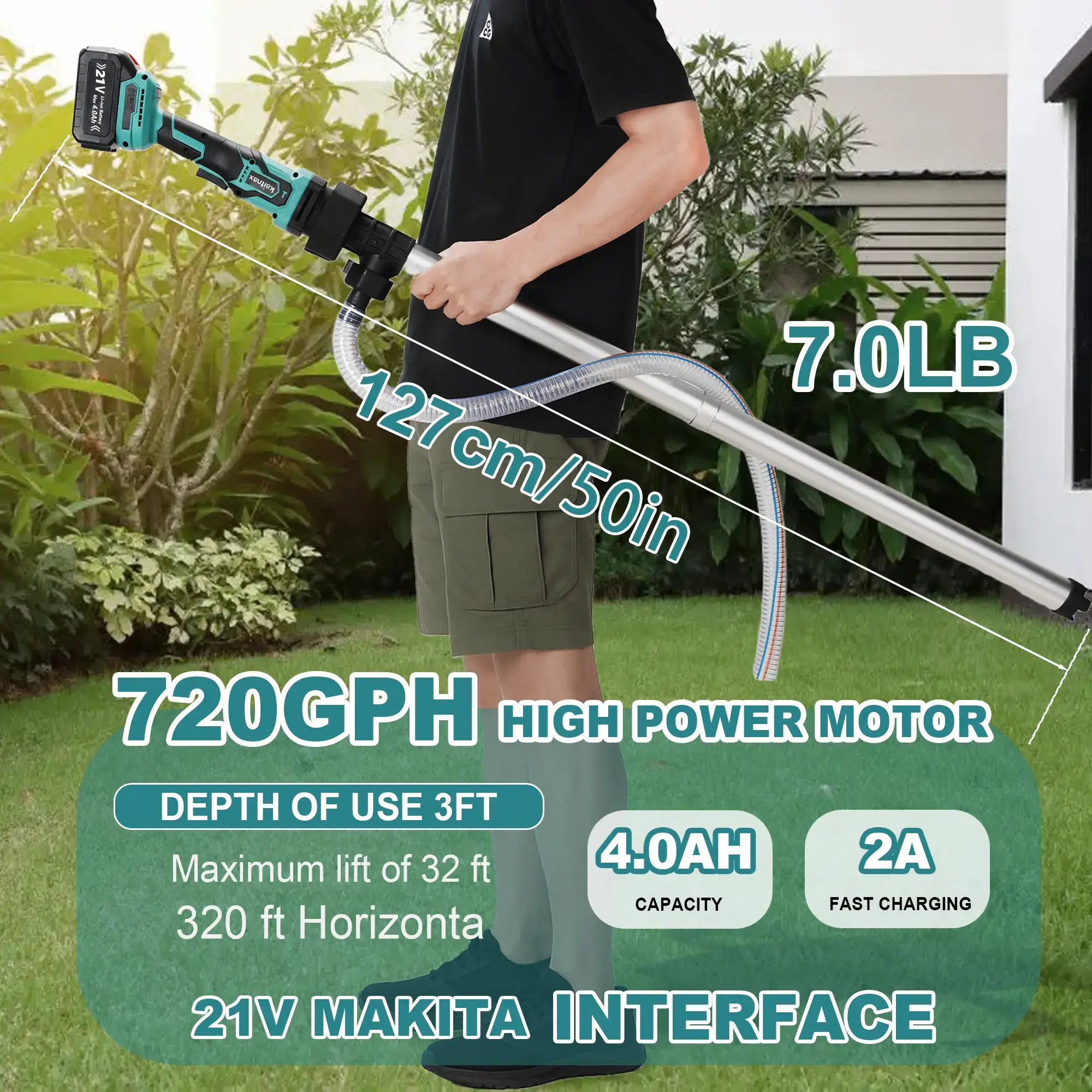 【FathersDay Gift】Kaitnax Cordless Stick Water Transfer Pump, with 4000mAh 21V Battery & Charger, 720GPH, 32FT Head, Handheld Portable Utility Sump Pump Kit with 3/4