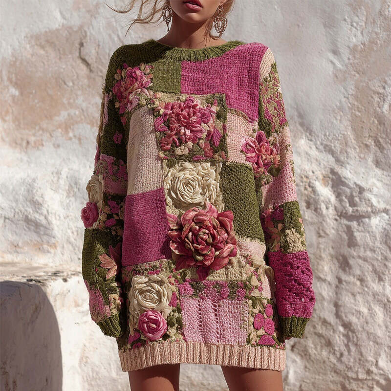Vintage Roses Embroidered Patchwork Cozy Long Sweater