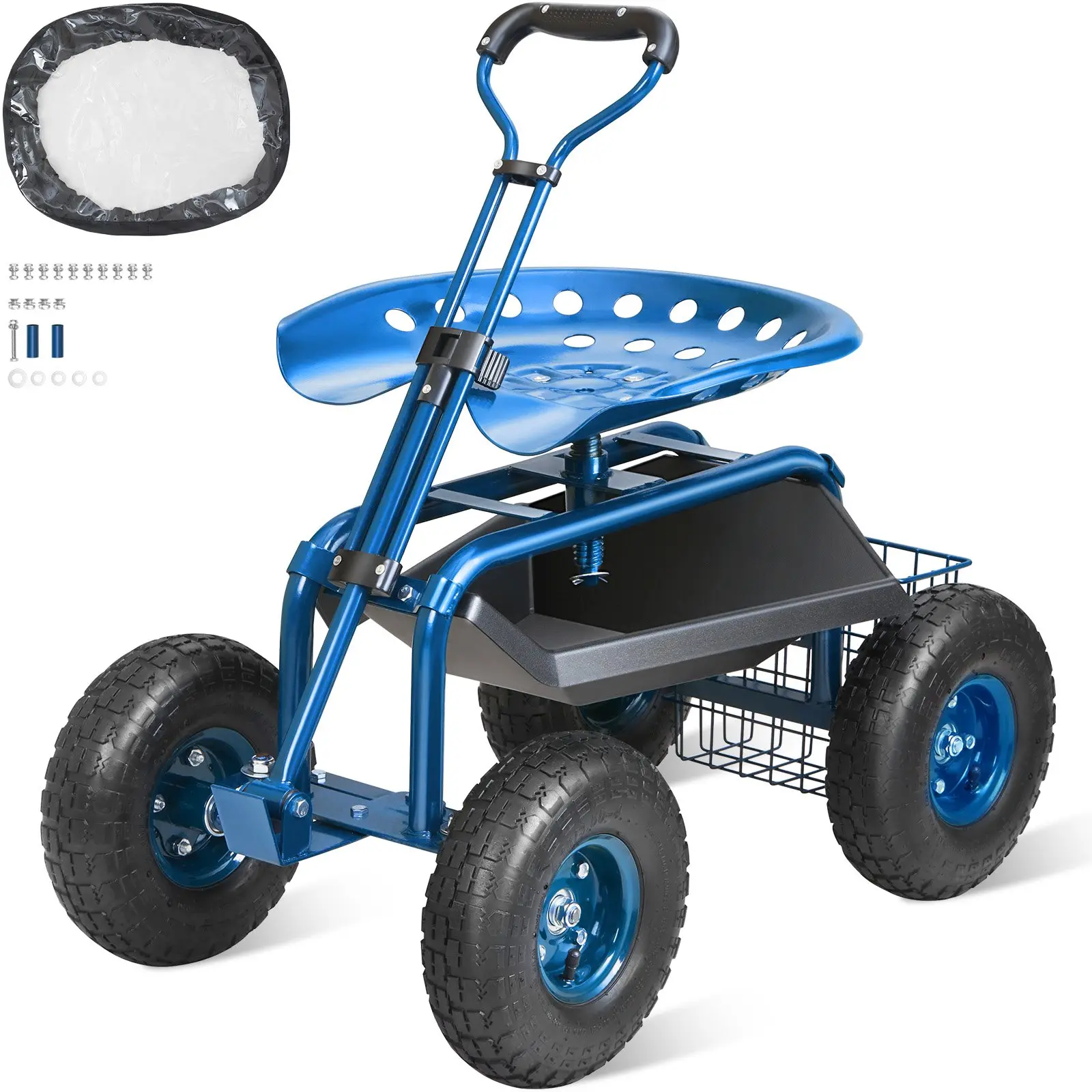 Garden Cart Rolling Workseat with Wheels, Gardening Stool for Planting, 360 Degree Swivel Seat, Wagon Scooter with Steering Handle & Utility Tool Tray, Use for Patio, Yard, and Outdoors
