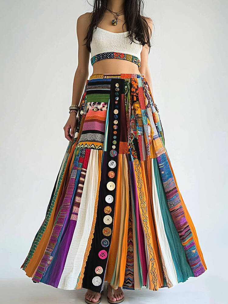 Bohemian Colorful Geometric Art Art Linen Blend Skirt