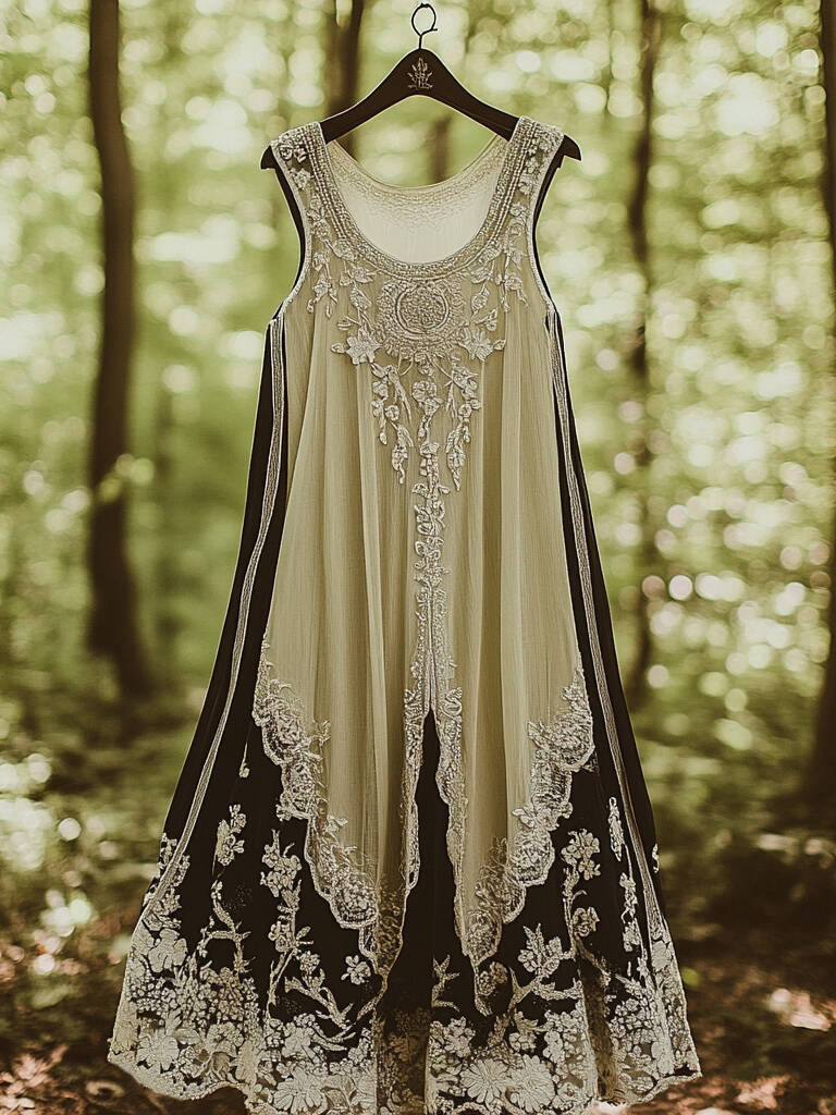 Floral Embroidered Pattern Linen Contrast Color Vest Dress