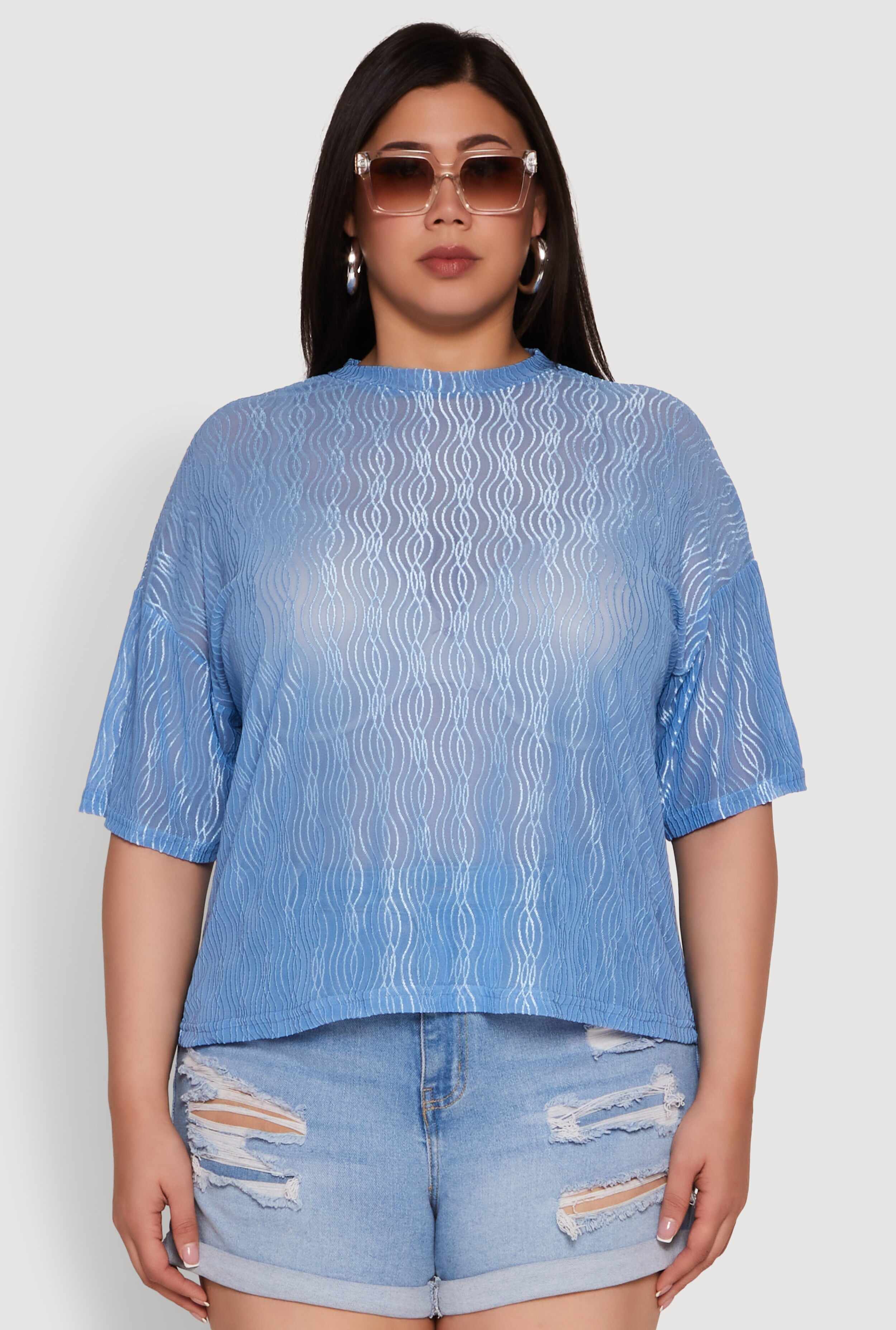 Plus Size Chic Sheer Mesh Blouse with Crew Neck and Short Sleeves