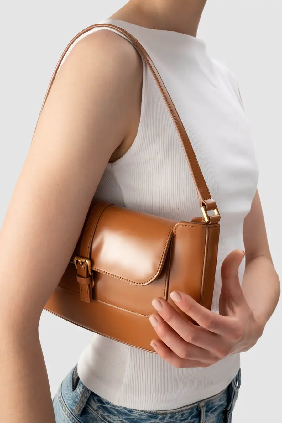 Black Semi Patent Leather Shoulder Bag