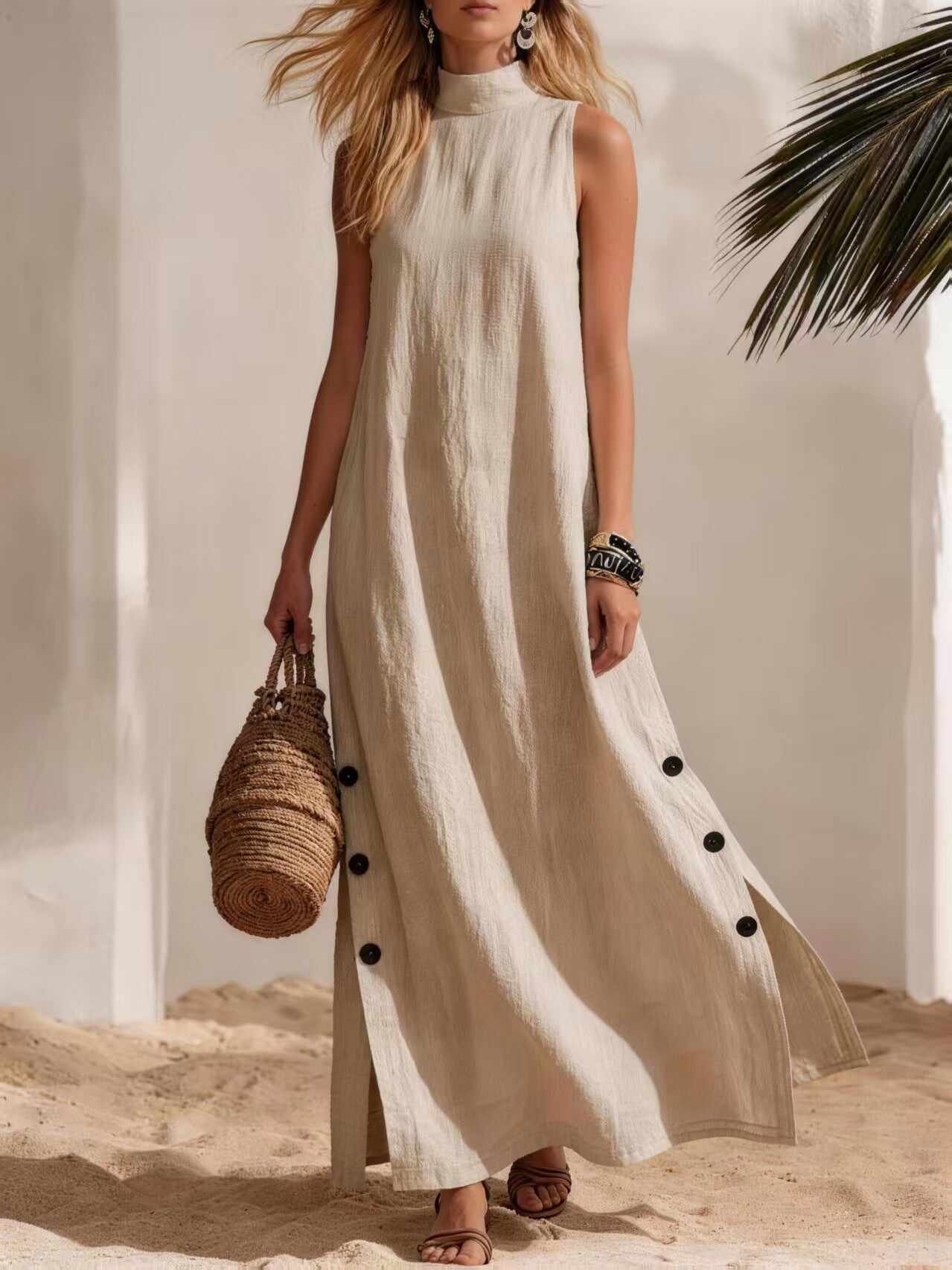 Casual Solid Color Cotton And Linen Sleeveless Side Slit Maxi Dress