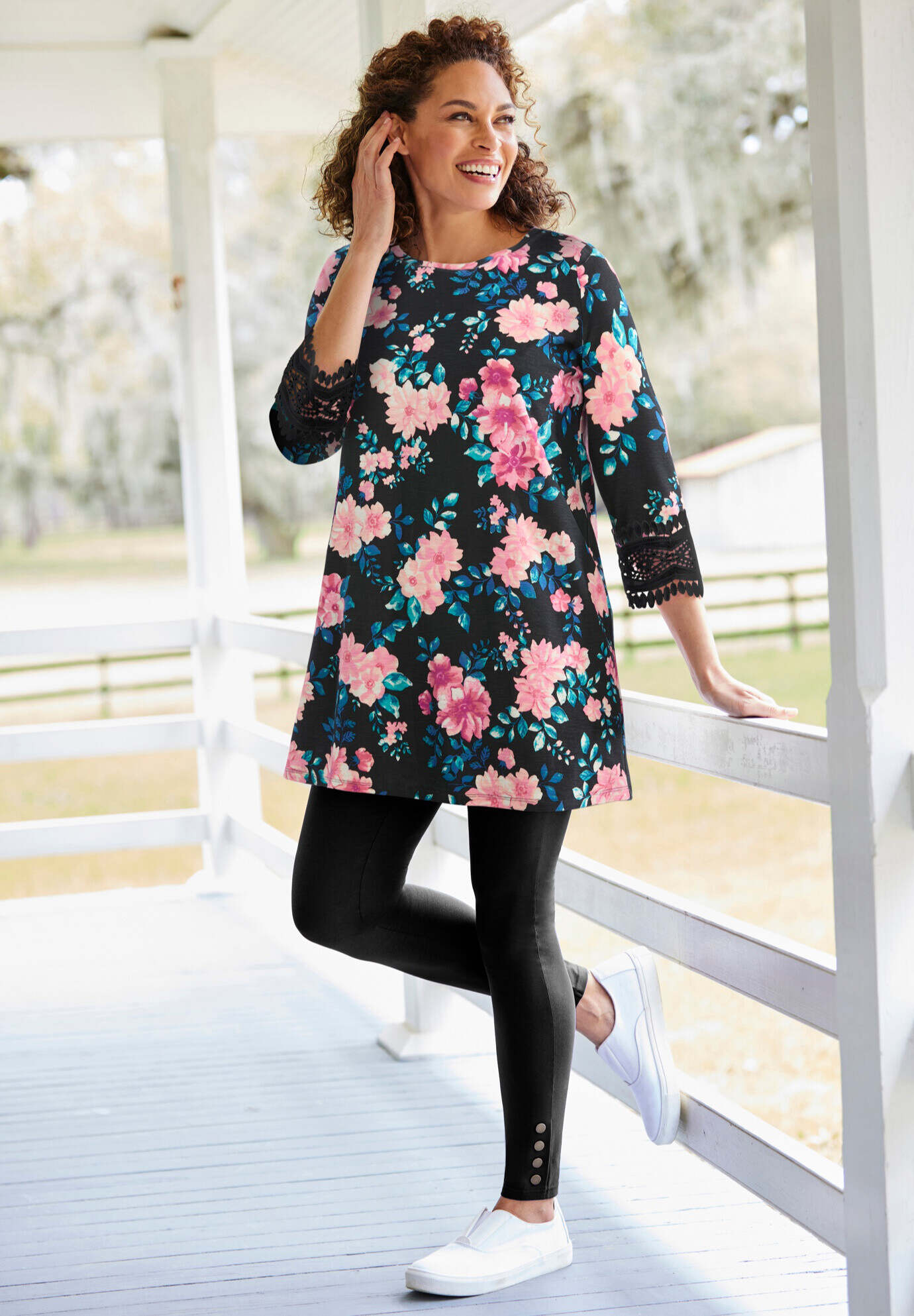 Crochet-Trim Three-Quarter Sleeve Tunic