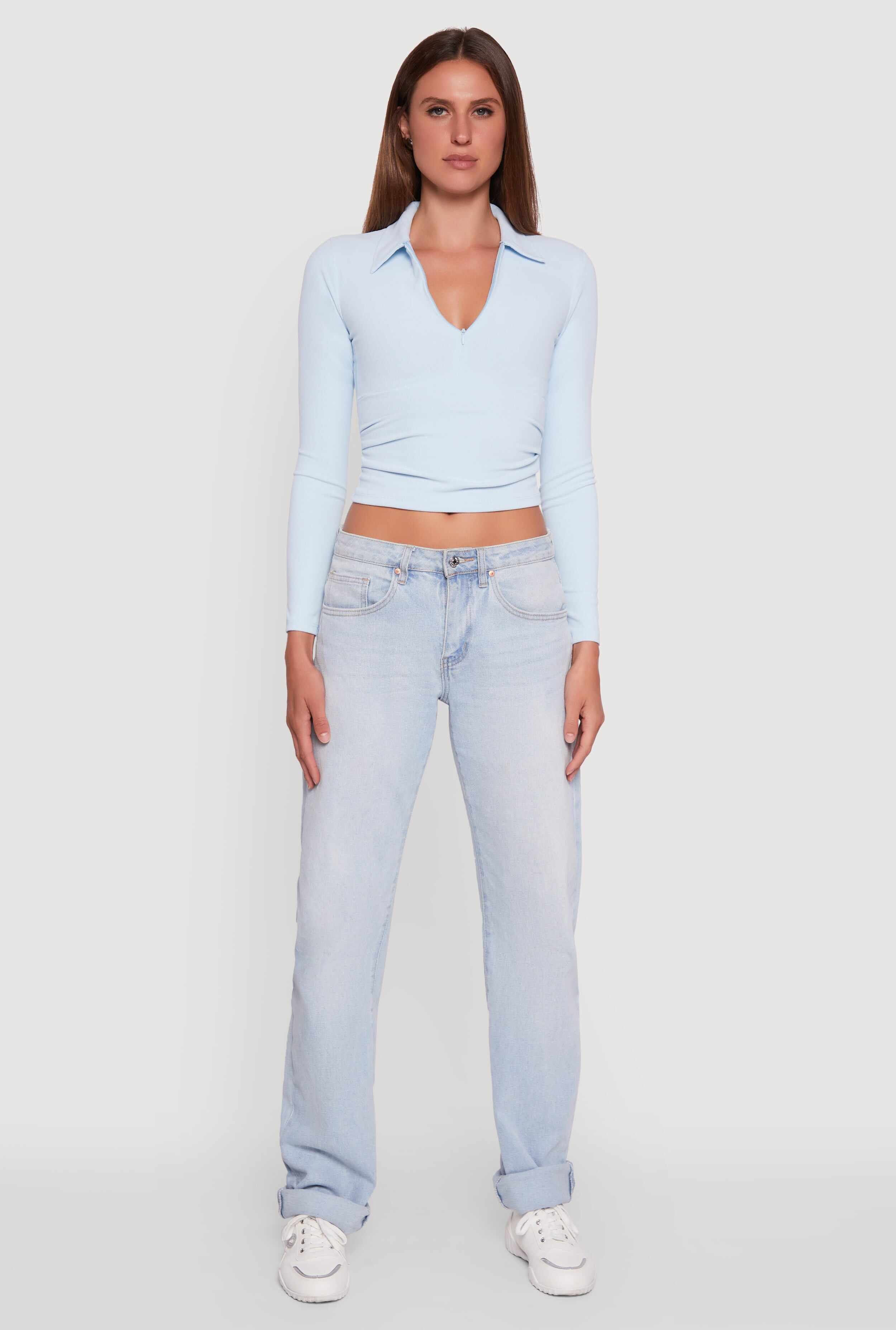Long Sleeve Half Zip Cropped Polo Shirt