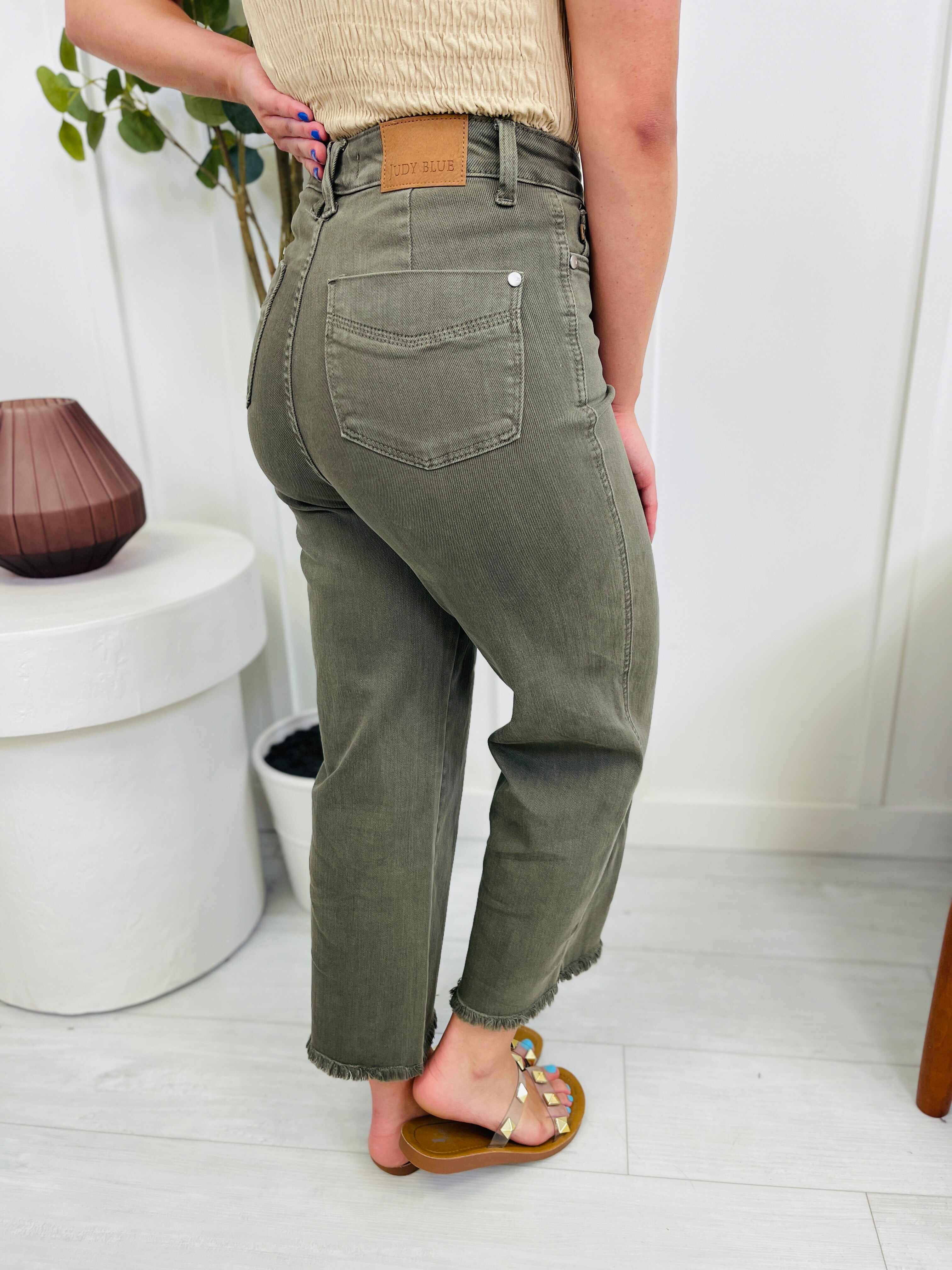 REG/CURVY Olive You Tummy Control Garment Dyed Wide Leg Cropped Jeans