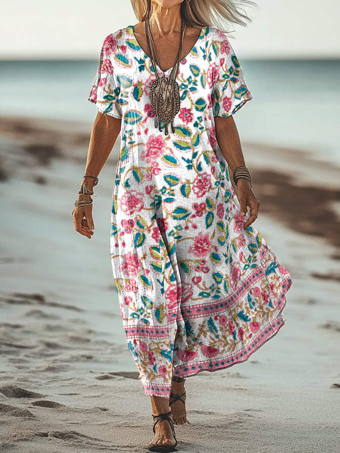 Women's Art Floral Hippie Vintage Print V-Neck Short Sleeve Dress