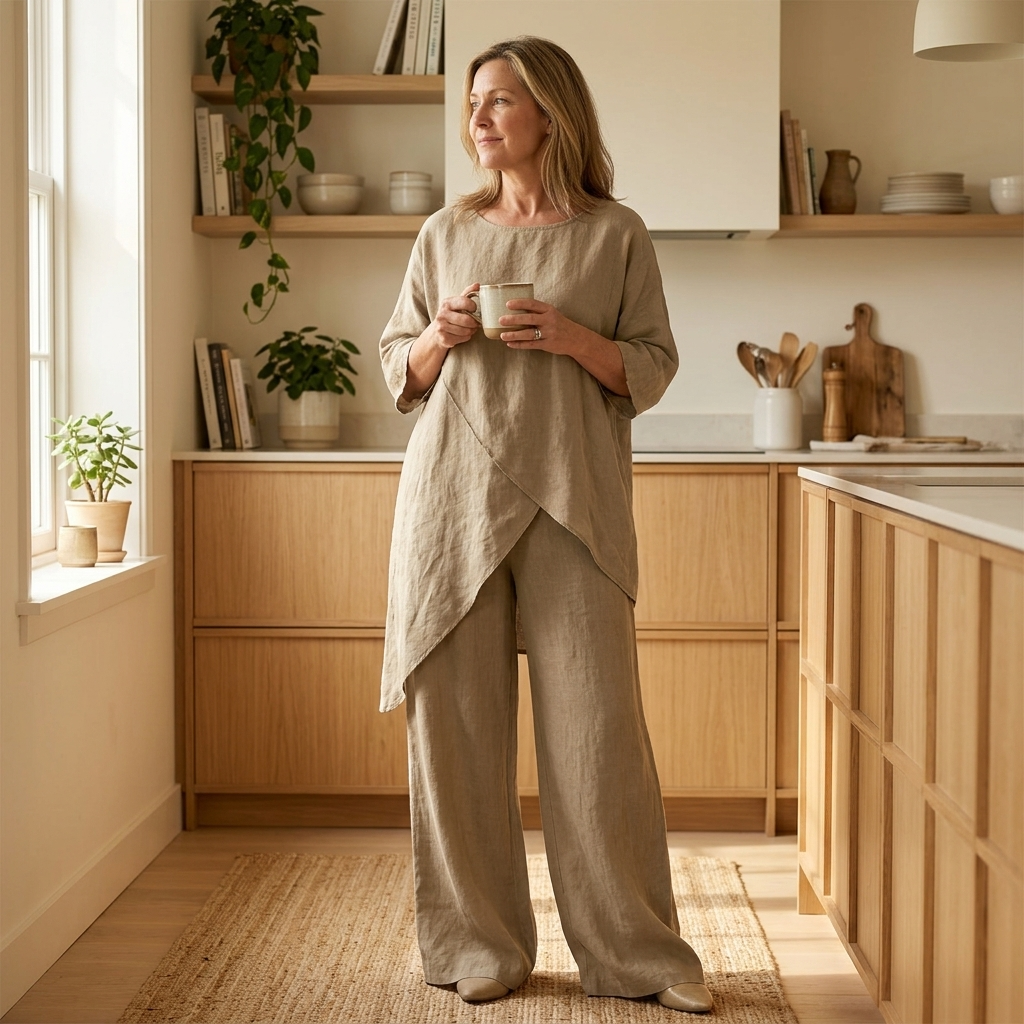 Women's Linen-Blend 2-Piece Outfit, Asymmetrical Layered Tunic Top + Wide Leg Pants