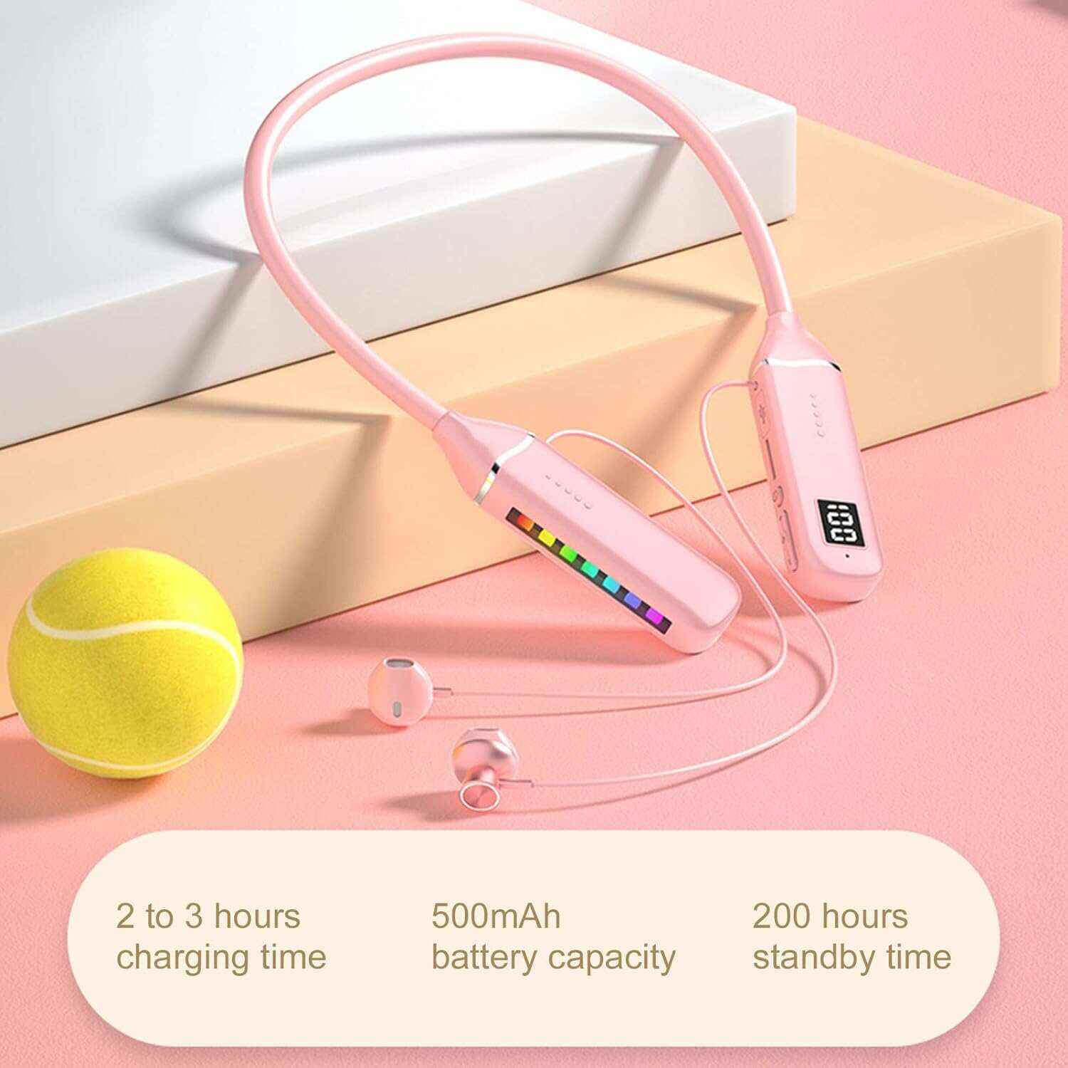 Bluetooth Neckband Headphone, Neckband Earphones Wireless, LED Power Display Memory Card Playback Magnetic Earbuds Headset with RGB Backlight (Black)