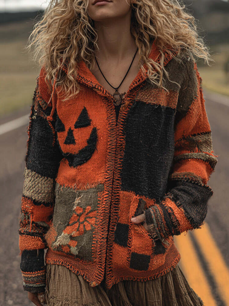 Patchwork Halloween Pumpkin Face Art  Cozy Knit Hooded Cardigan