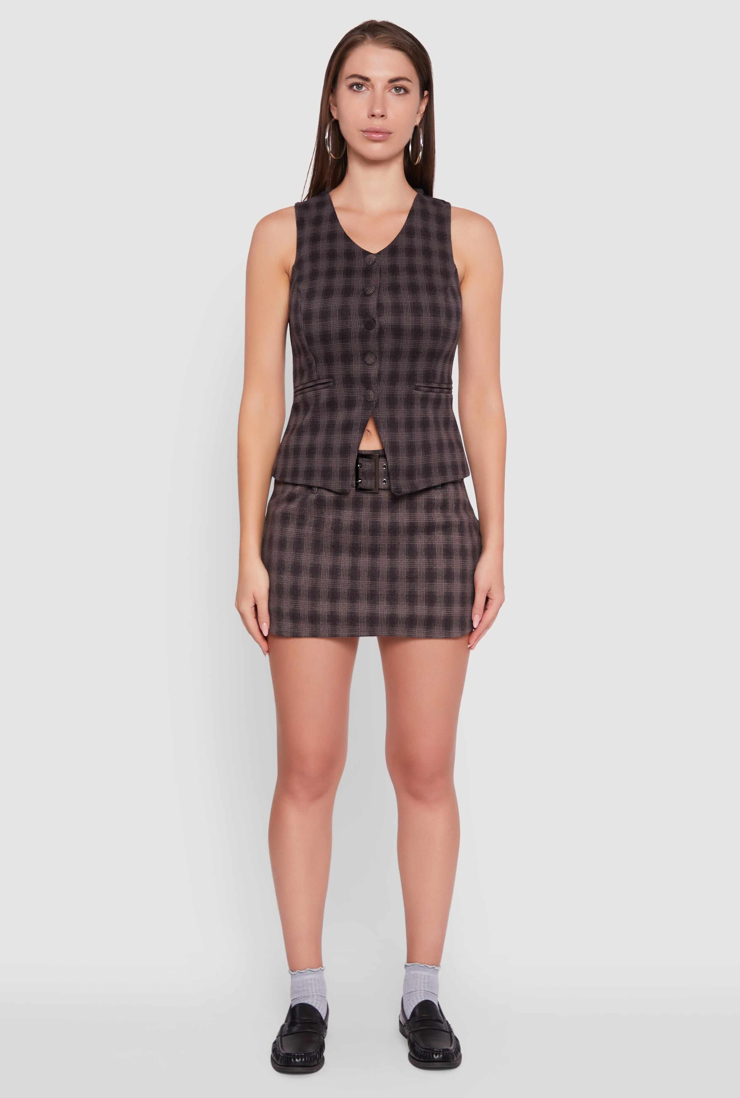 Fleece Lined Plaid Mini Skirt with Belt