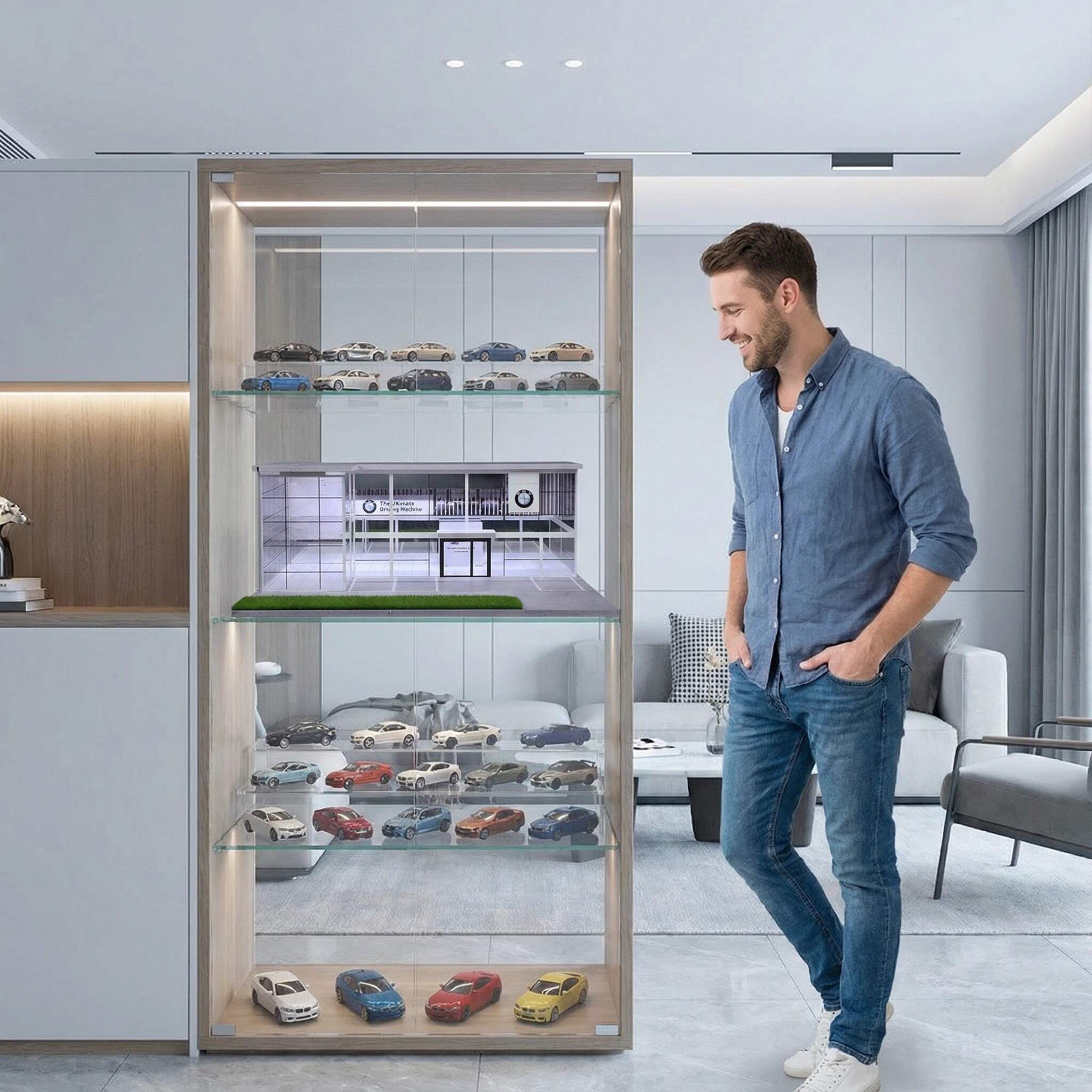 1:64 Scale Modern Luxury Car Showroom Diorama Display Case – Contemporary Dealership Scene for Diecast Cars