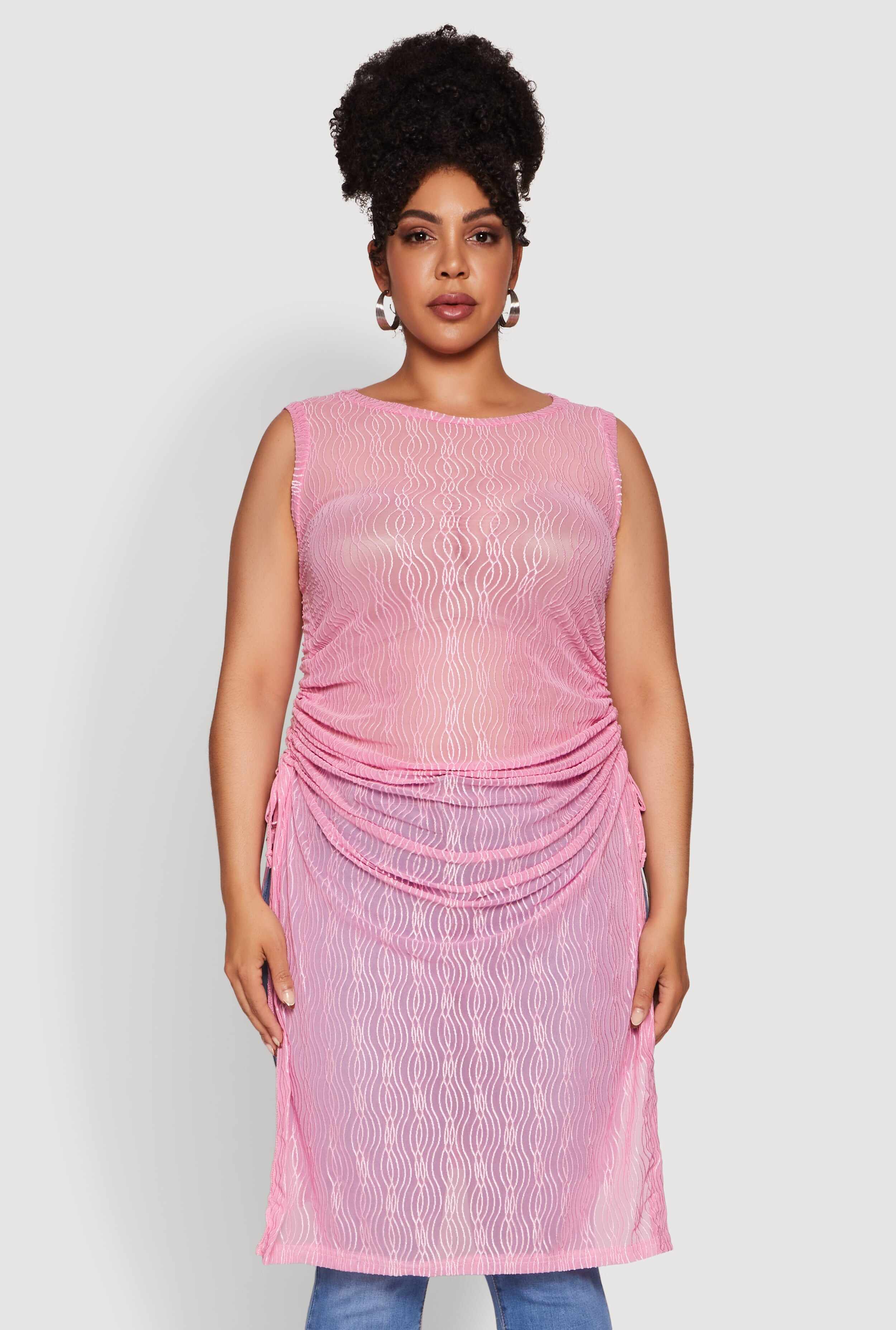 Plus Size Stylish Mesh Side Slit Tank Top with Ruching and Maxi Hem