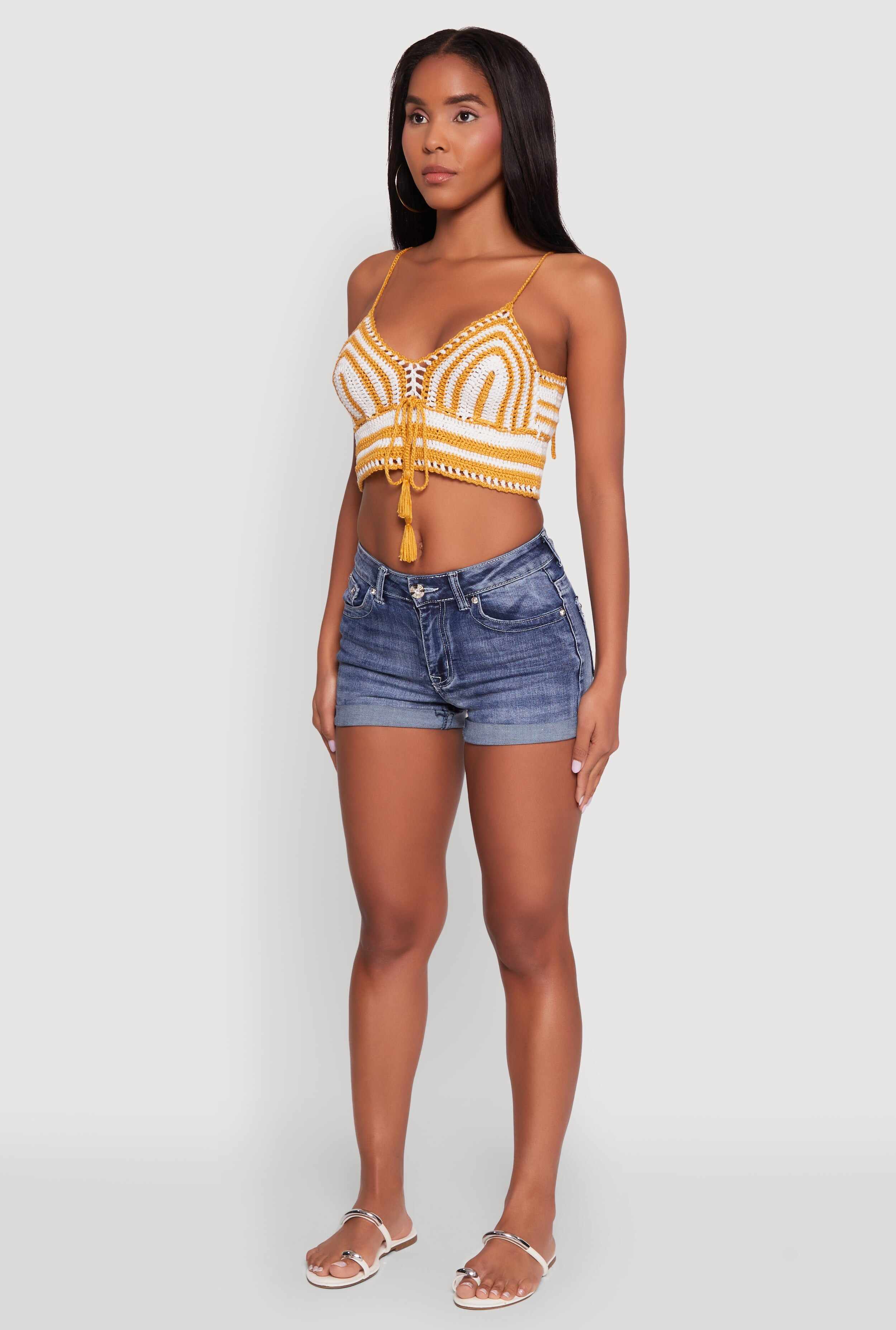 Trendy Crochet Striped Sleeveless Crop Top with Tassel Tie Front