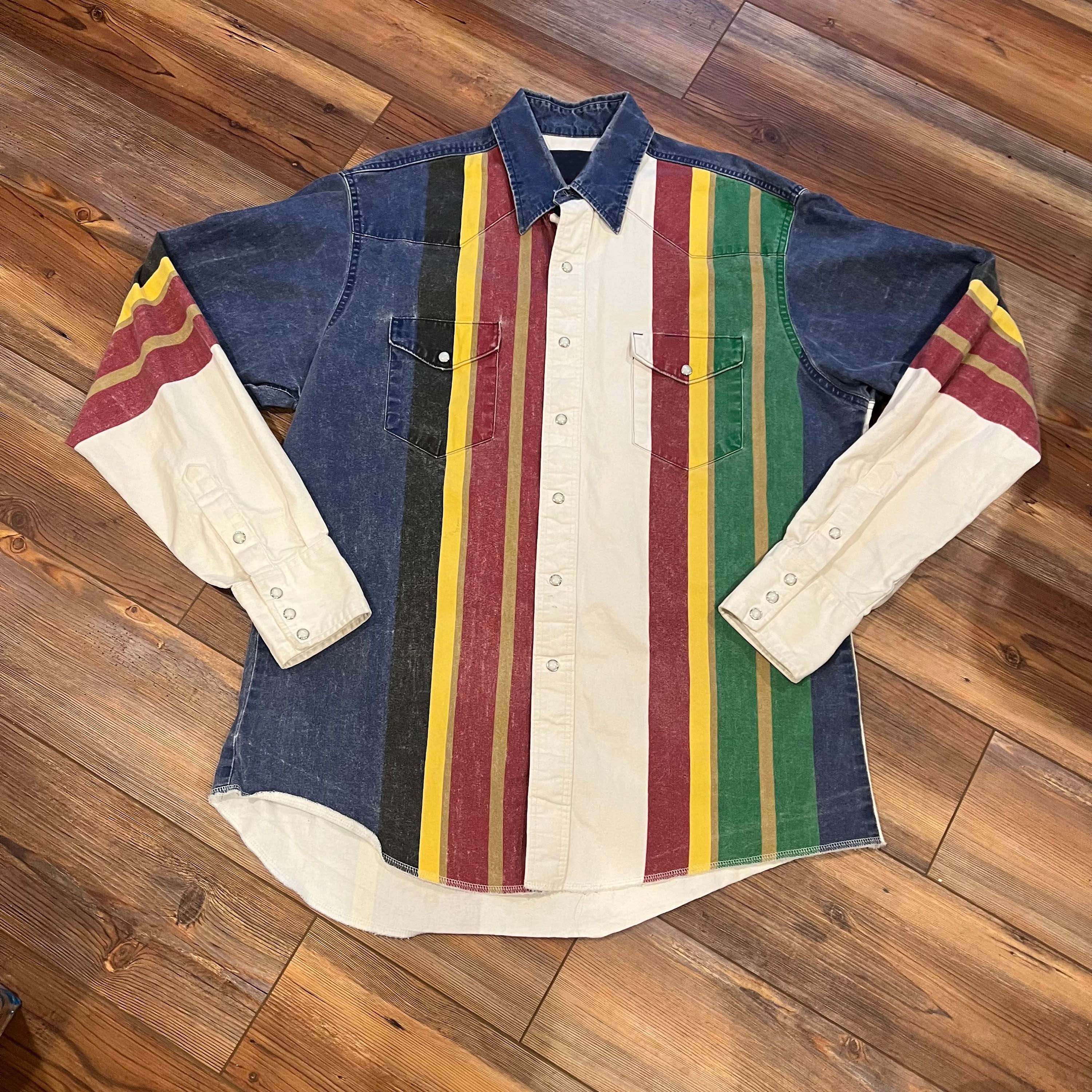 Men's Western Fashion Blue Green Yellow Striped Long Sleeve Shirt