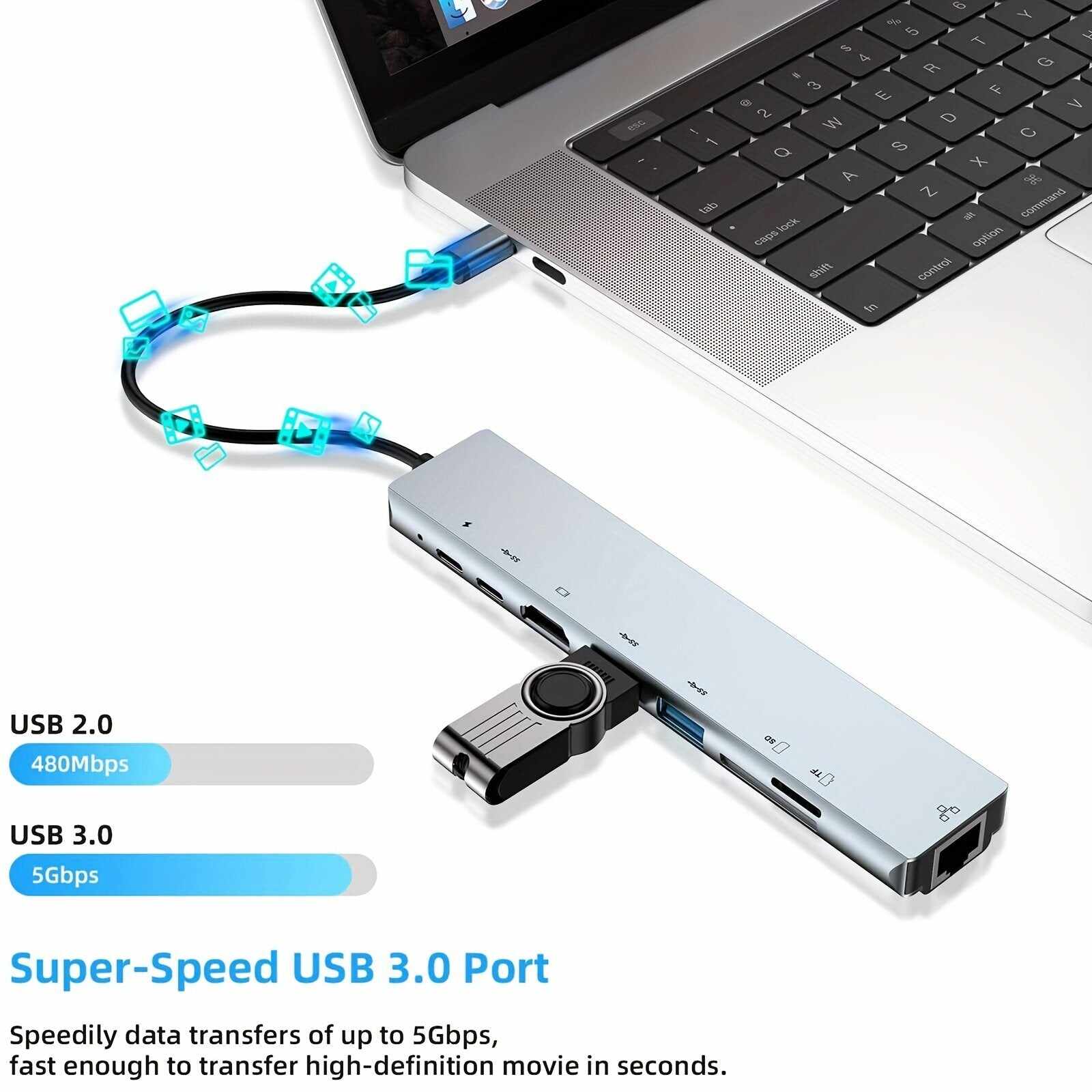 8 In 1 USB C HUB, USB C Adapter With 4K HDTV, 100W PD, USB C Port, USB 3.0,USB 2.0,RJ45 Ethernet, SD/TF Card Reader, Docking Station Compatible For MacBook Pro/Air USB C Laptops And Other Type C Devices