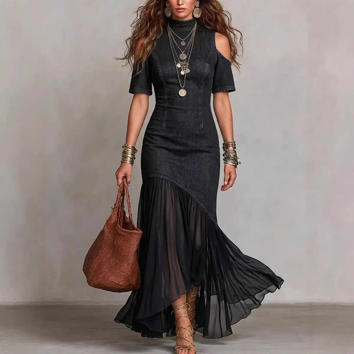 Off-Shoulder Mesh Hem Midi Dress – Slim Fit Short Sleeve Dress