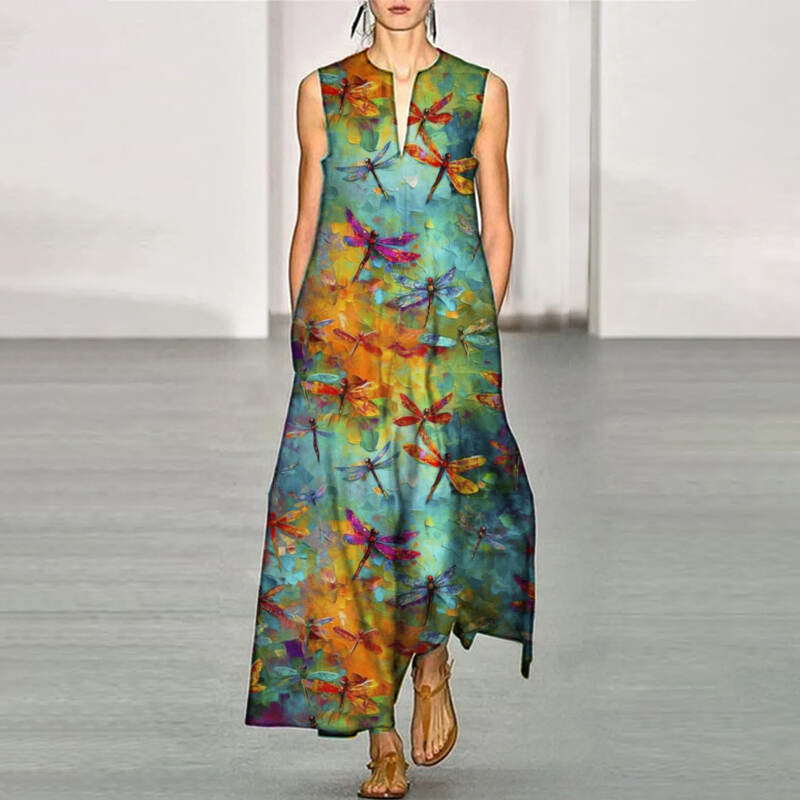 Oil Painting Dragonfly Women's Casual Resort Sleeveless Long Dress