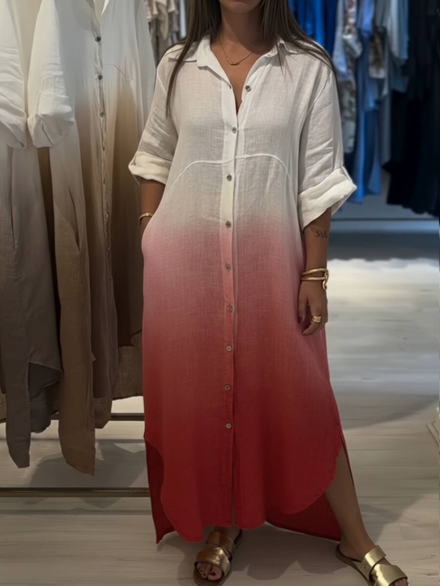 🔥Summer Arrivals🌟Casual Gradient Color Linen And Cotton Shirt Dress