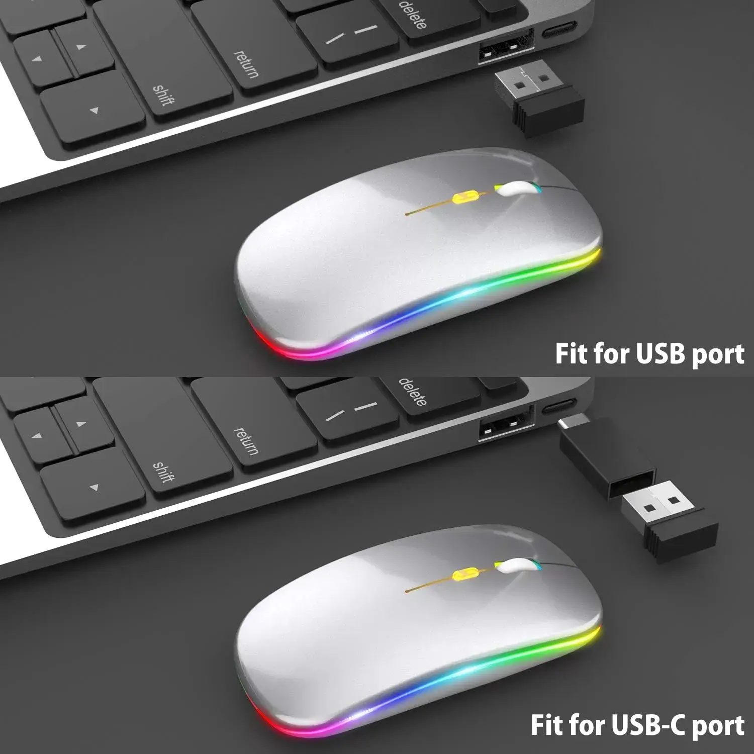 [Upgrade] LED Wireless Mouse, Slim Silent Mouse 2.4G Portable Mobile Optical Office Mouse with USB & Type-c Receiver, 3 Adjustable DPI Levels for Notebook, PC, Laptop, Computer, MacBook (Pink)