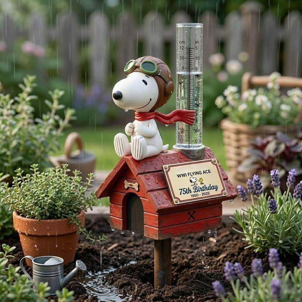 Snoopy 75th Birthday Rain Gauge Garden Stake