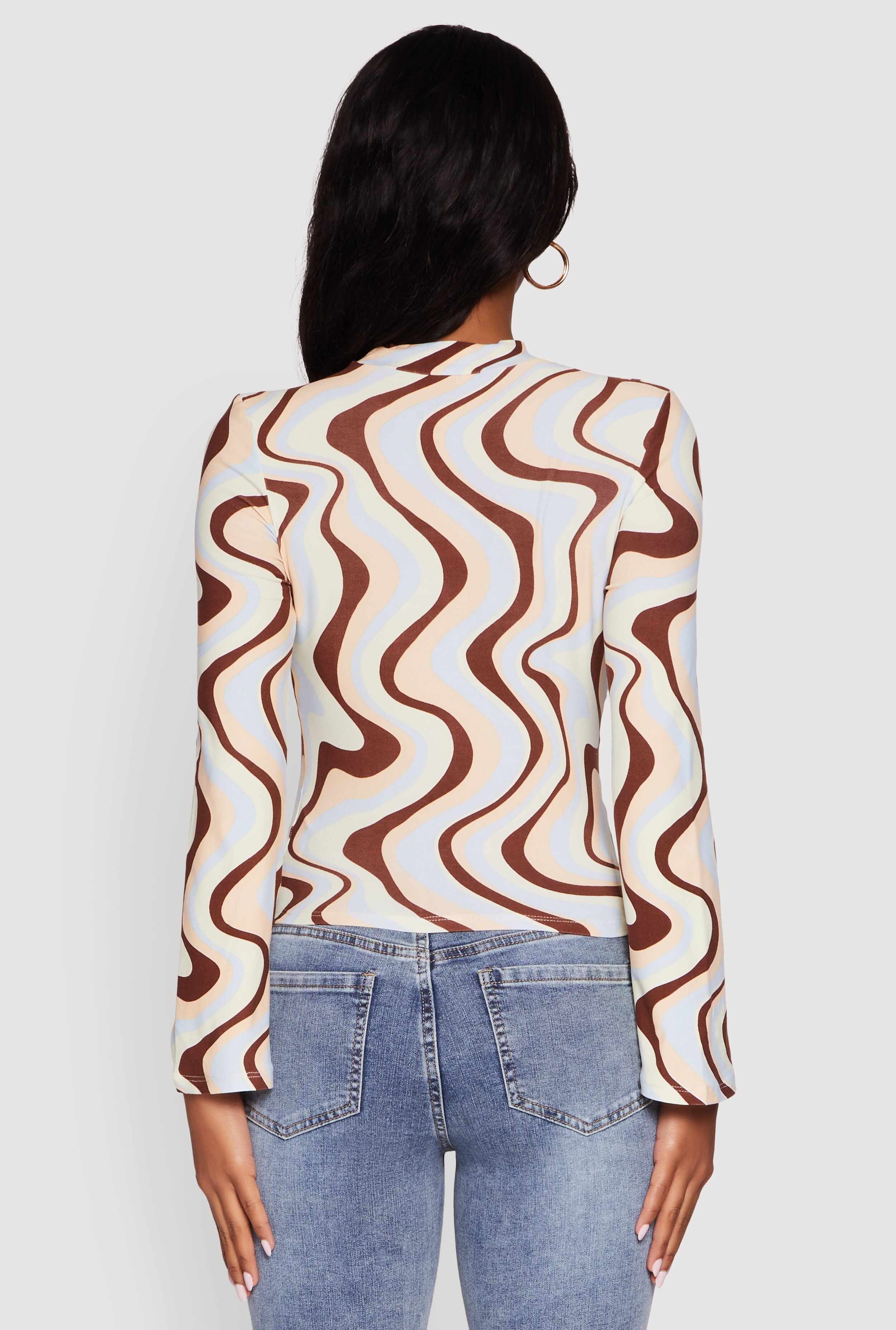 Wavy Print Mock Neck Keyhole Detail Blouse