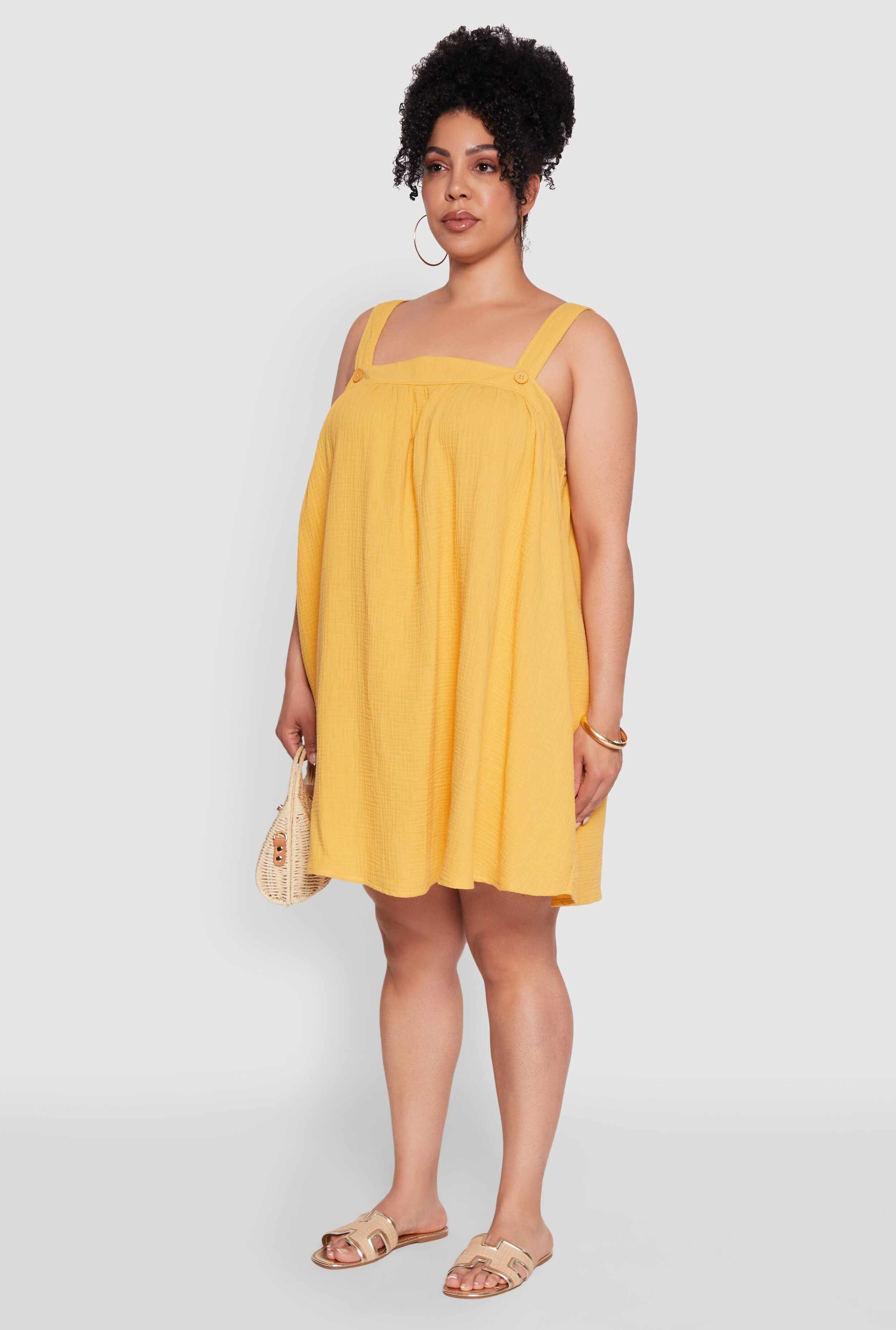 Plus Size Gauze Knit Square Neck Babydoll Dress with V Back