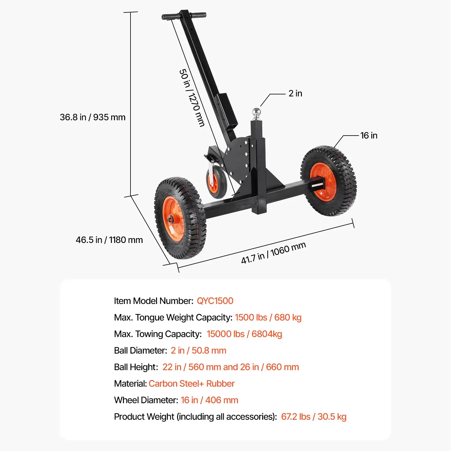 Trailer Dolly, Max. 15000lbs Towing Capacity, 2 in 1 Trailer Mover with 22'' / 26'' Height & 2'' Ball, 16'' Pneumatic Tires & Universal Wheel, for Moving Car RV