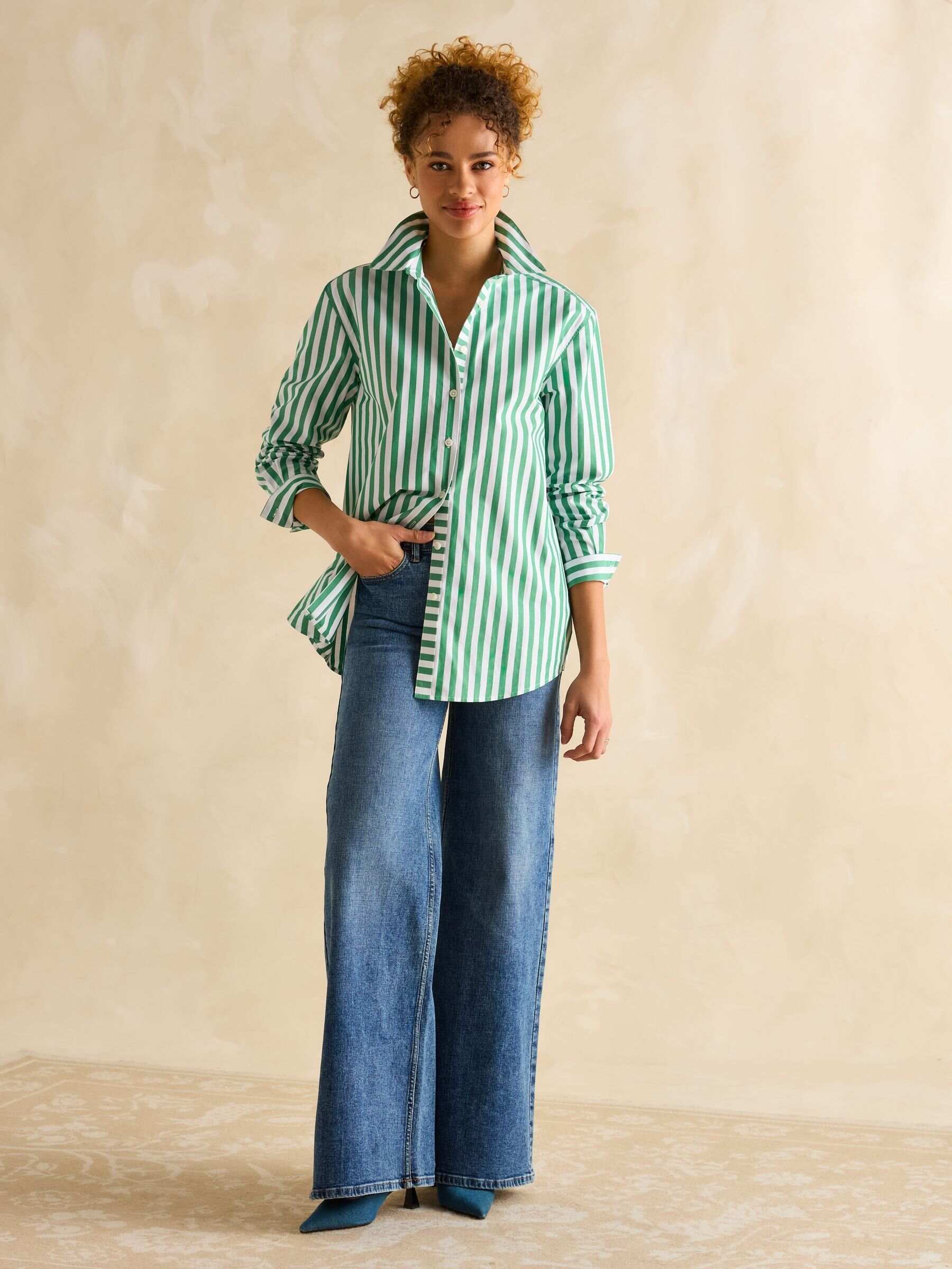 Amilla Green & White Stripe Longline Relaxed Fit Shirt