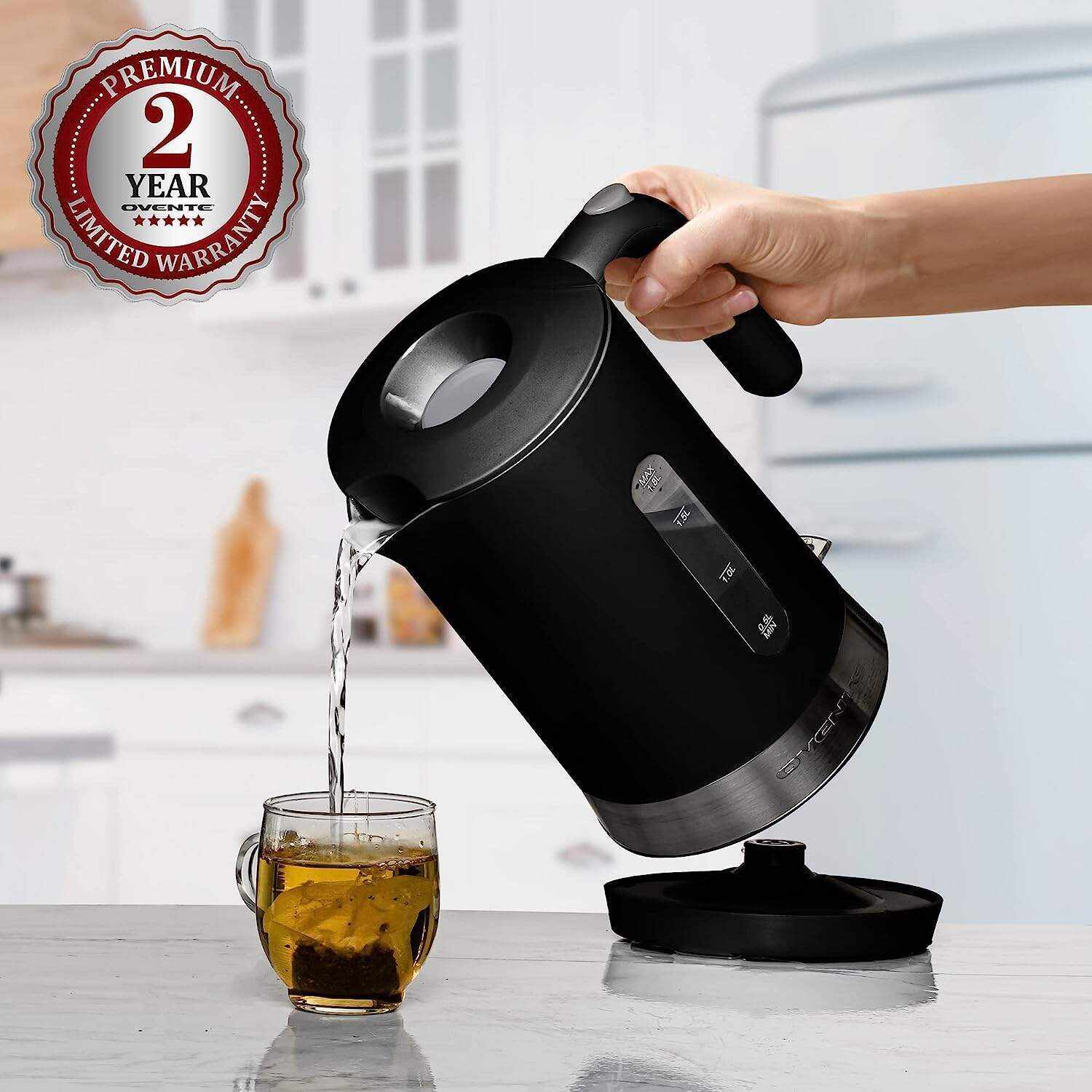 OVENTE Electric Kettle Hot Water Heater 1.7 Liter - BPA Free Fast Boiling Cordless Water Warmer - Auto Shut Off Instant Water Boiler for Coffee & Tea Pot - White KP72W