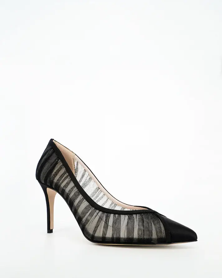 Black Mesh Ruched Pointed-Toe Stiletto Pumps