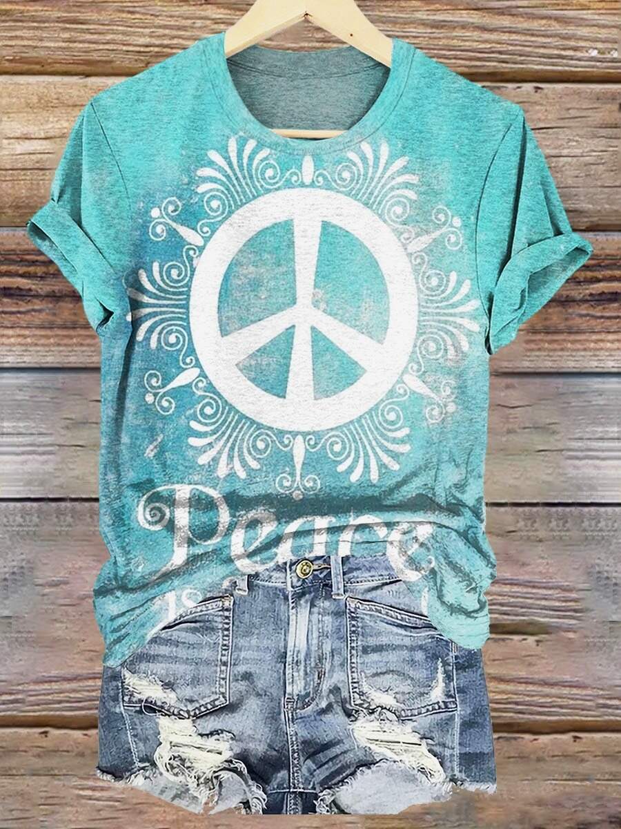 Women's Hippie Peace Is Beautiful Print Short Sleeve Pocket Cotton Linen Dress