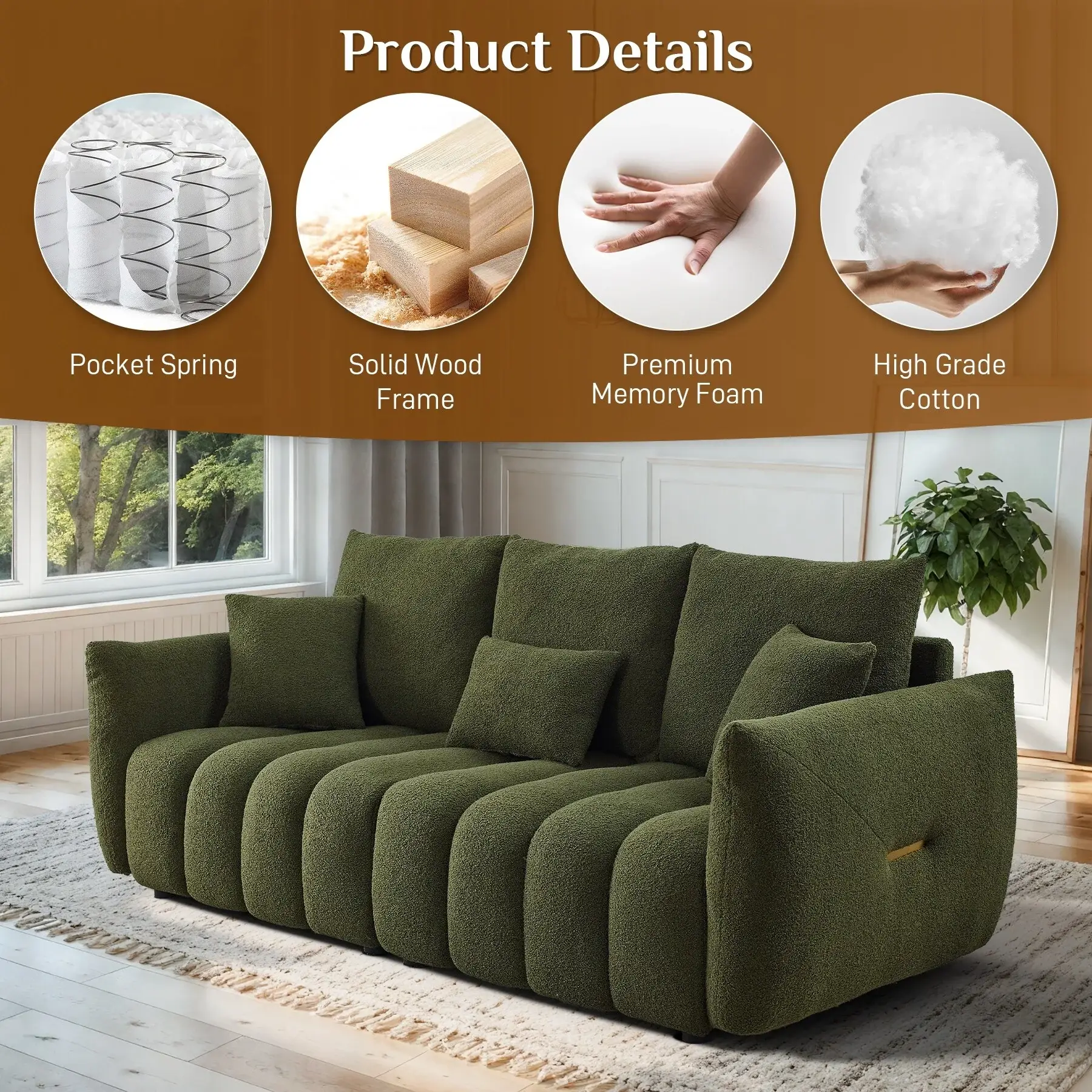 Ouyessir Overstuffed Upholstered Deep Seat Soft Fabric Sofa with 3 Pillows