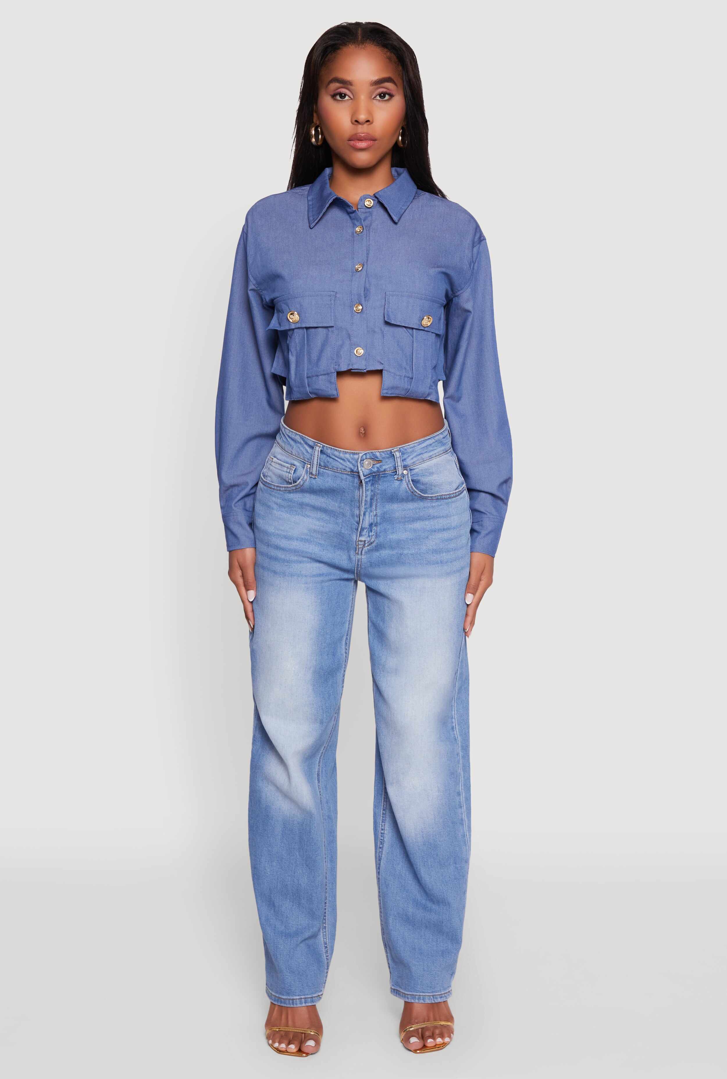 Classic Fit Long Sleeve Cropped Shirt with Flap Pocket