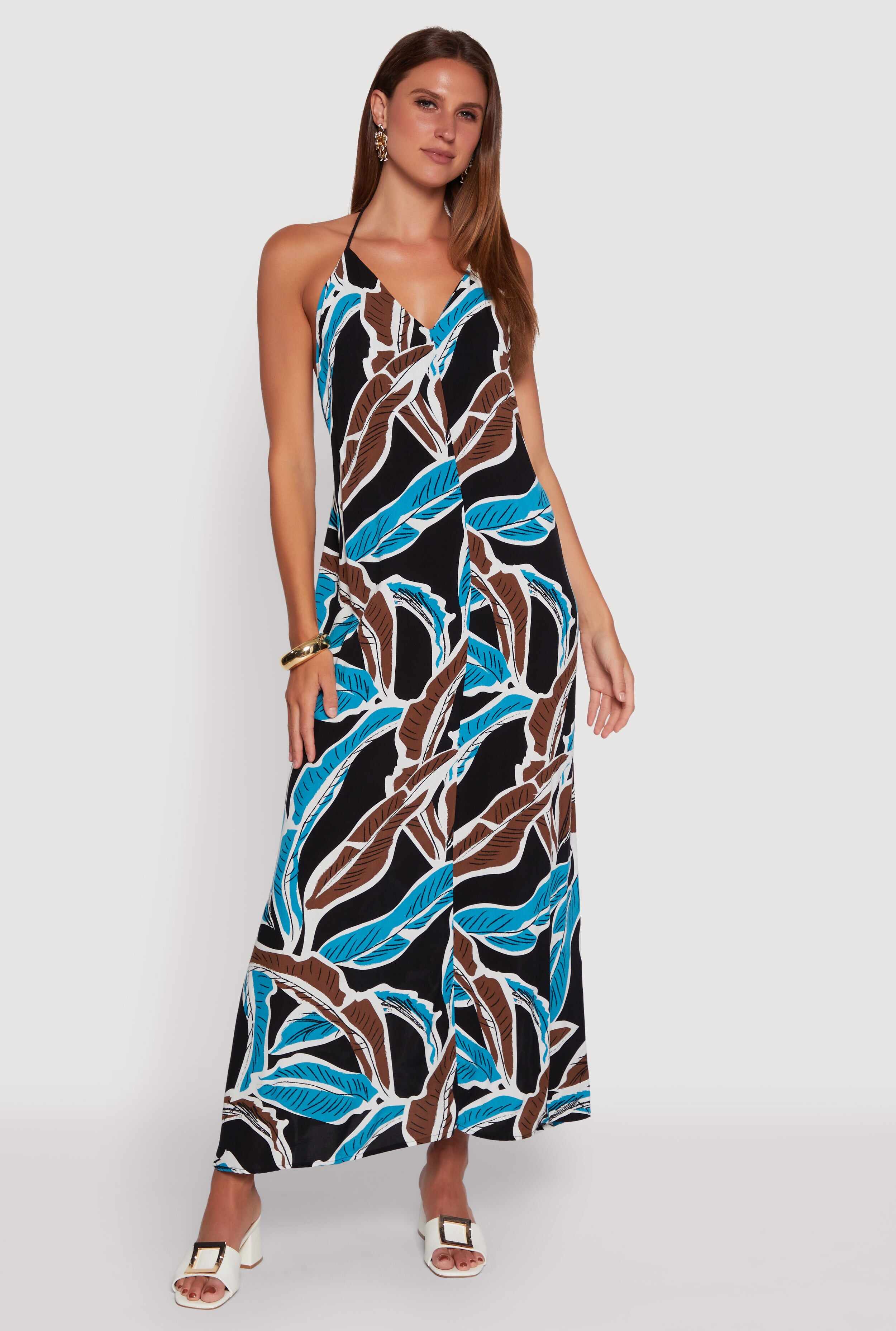 Tropical Leaf Print Rope Strap Halter Maxi Dress