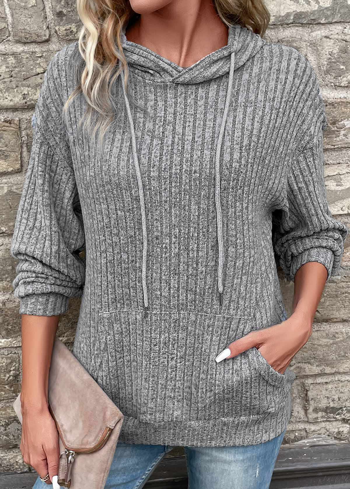 Grey Pocket Long Sleeve Hooded Sweatshirt