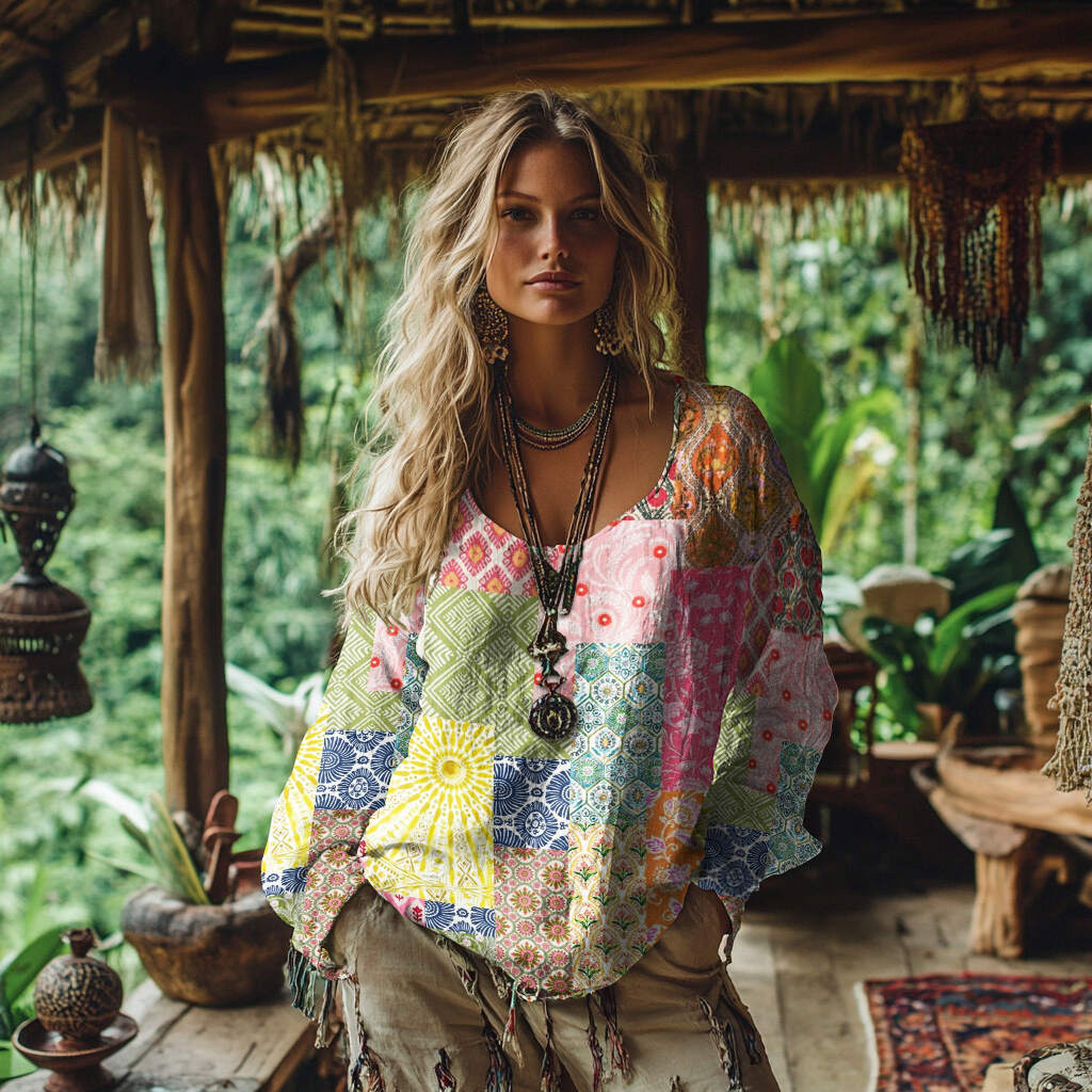 Retro Bohemian Resort Floral Patchwork Art Print Cotton And Linen Blend Loose Blouse