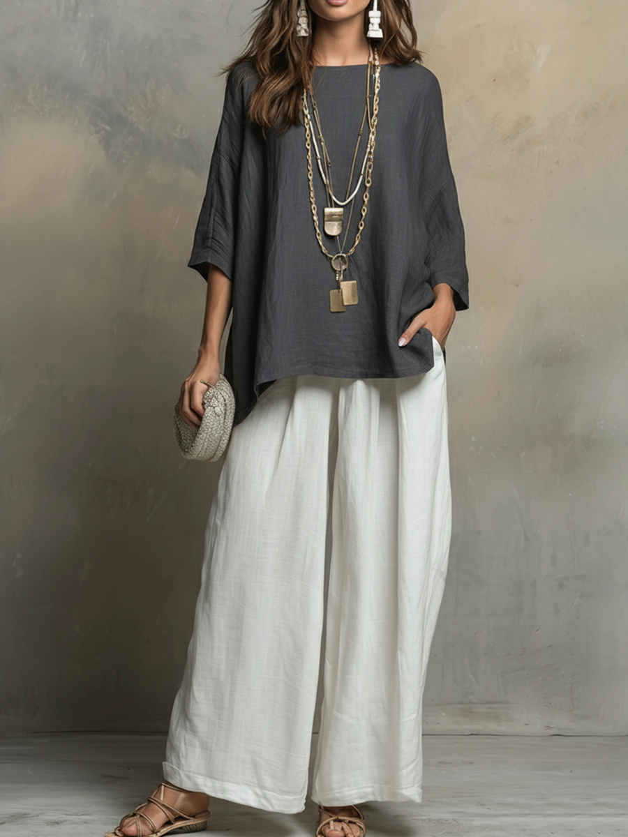 🔥Summer Arrivals🌟Cozy Cotton-linen Irregular Top And Wide-leg Pants Two-piece Set