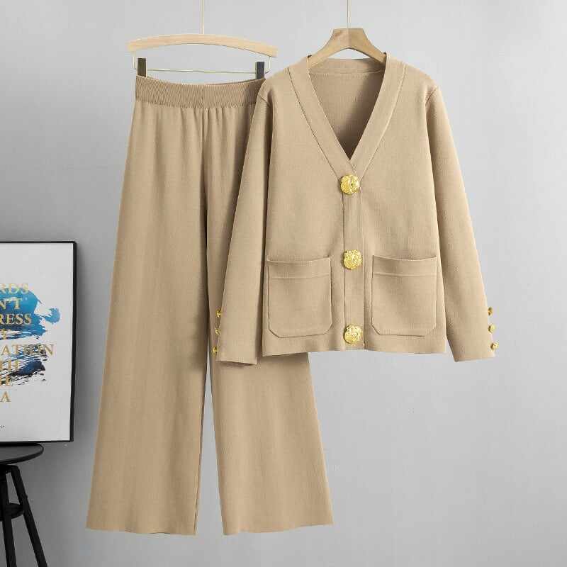 Fashion Metal Button Knit Wool Sweater Wide Leg Pants Set