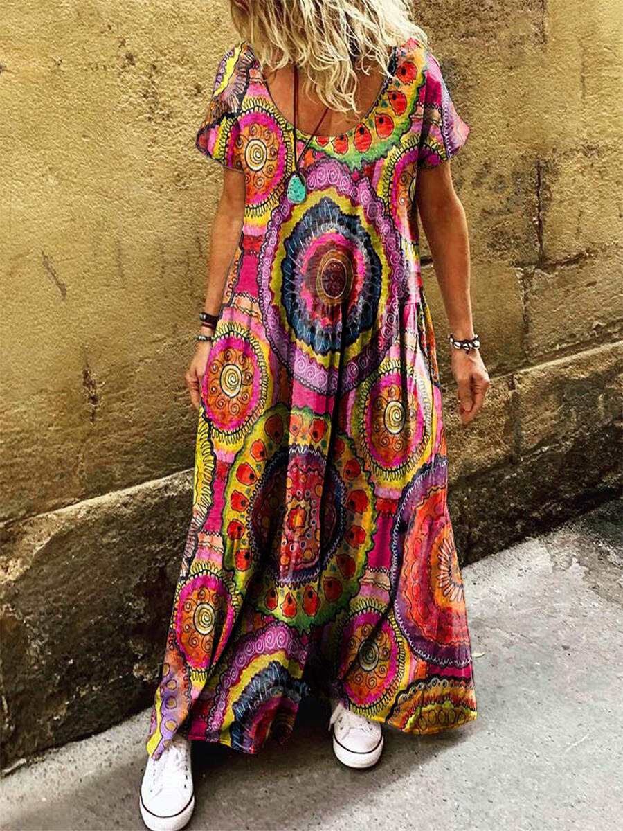 Women's Retro Colorful Ethnic Art Print Pocket Short Sleeve Cotton Dress