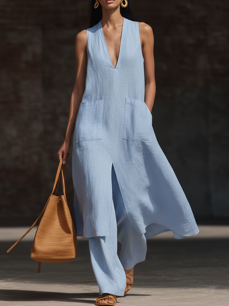 🔥Summer Arrivals🌟Stylish V-neck Long Shirt And Wide-leg Pant Linen Two-piece Set