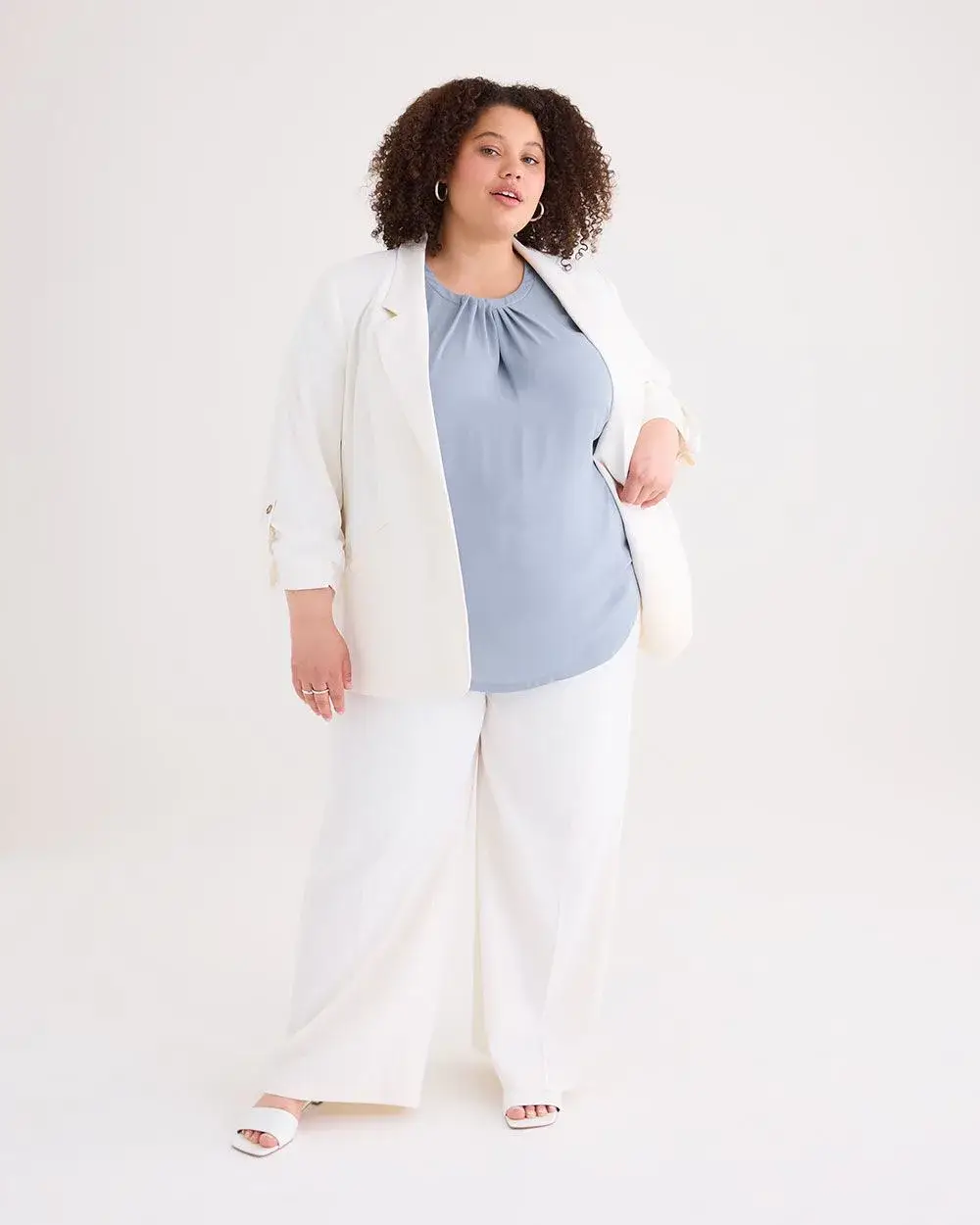 Extended-Sleeve Crew Neck Mixed Media Top