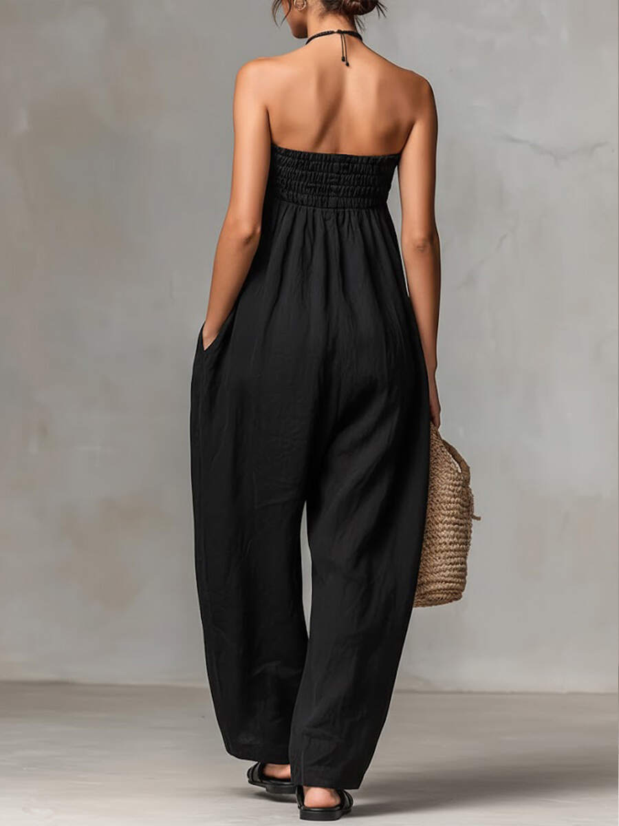 🔥Summer Arrivals🌟Women's Solid Color Strapless Casual Loose Cotton And Linen Jumpsuit