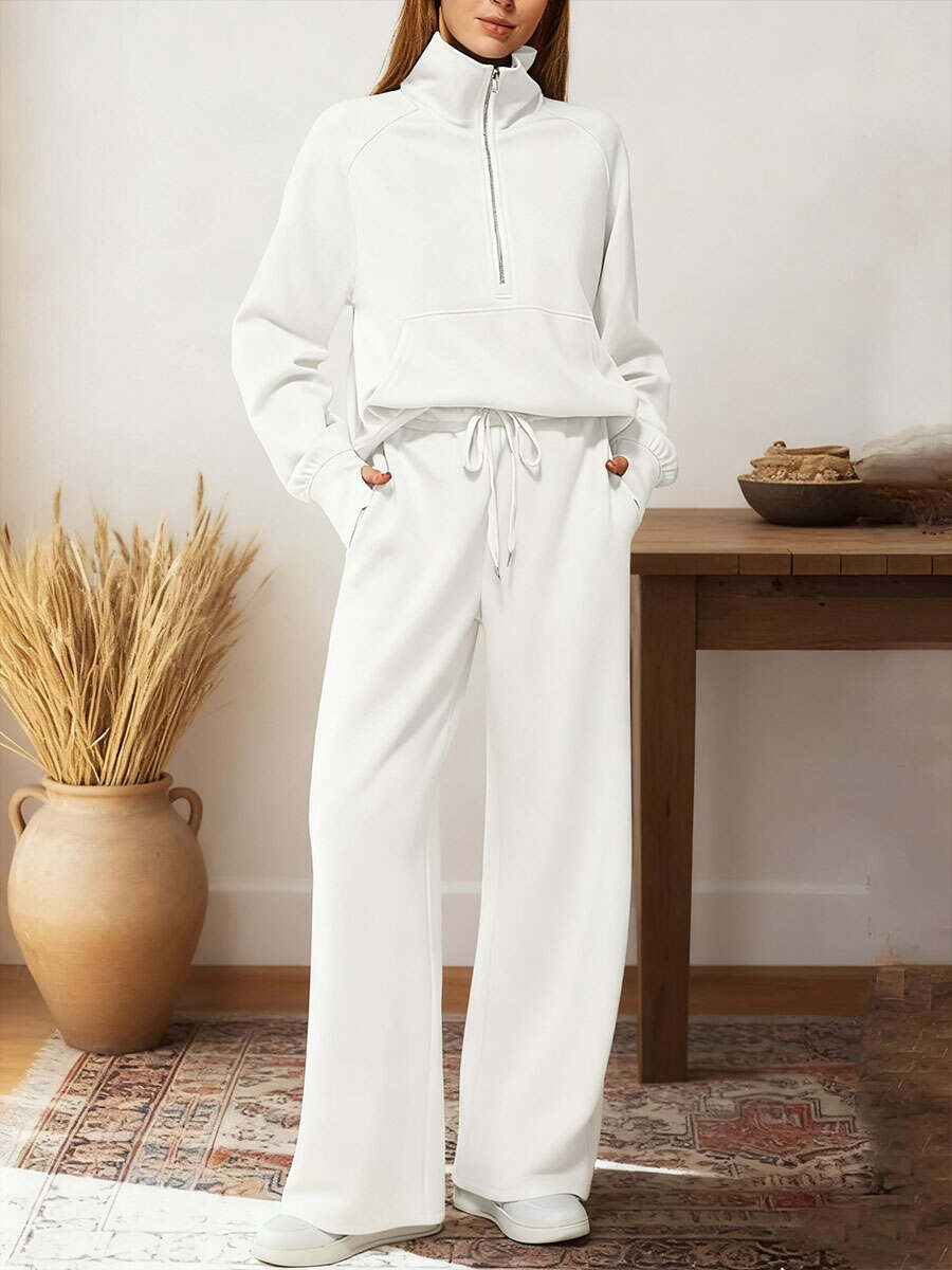 Women's Two-piece Set Half-zip Sweatshirt Wide-leg Pants Casual Suit.