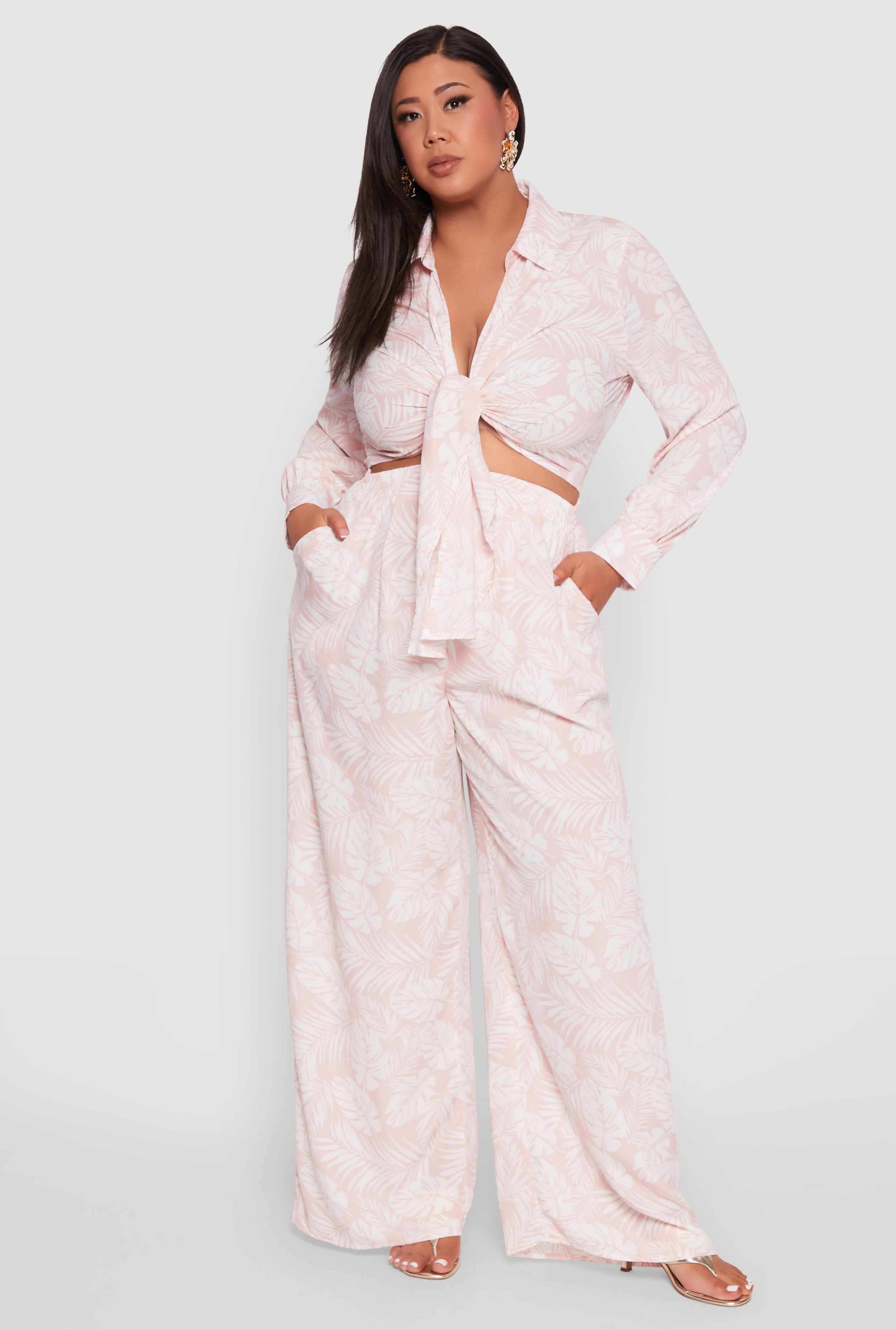 Plus Size Airy Leaf Print Palazzo Pants