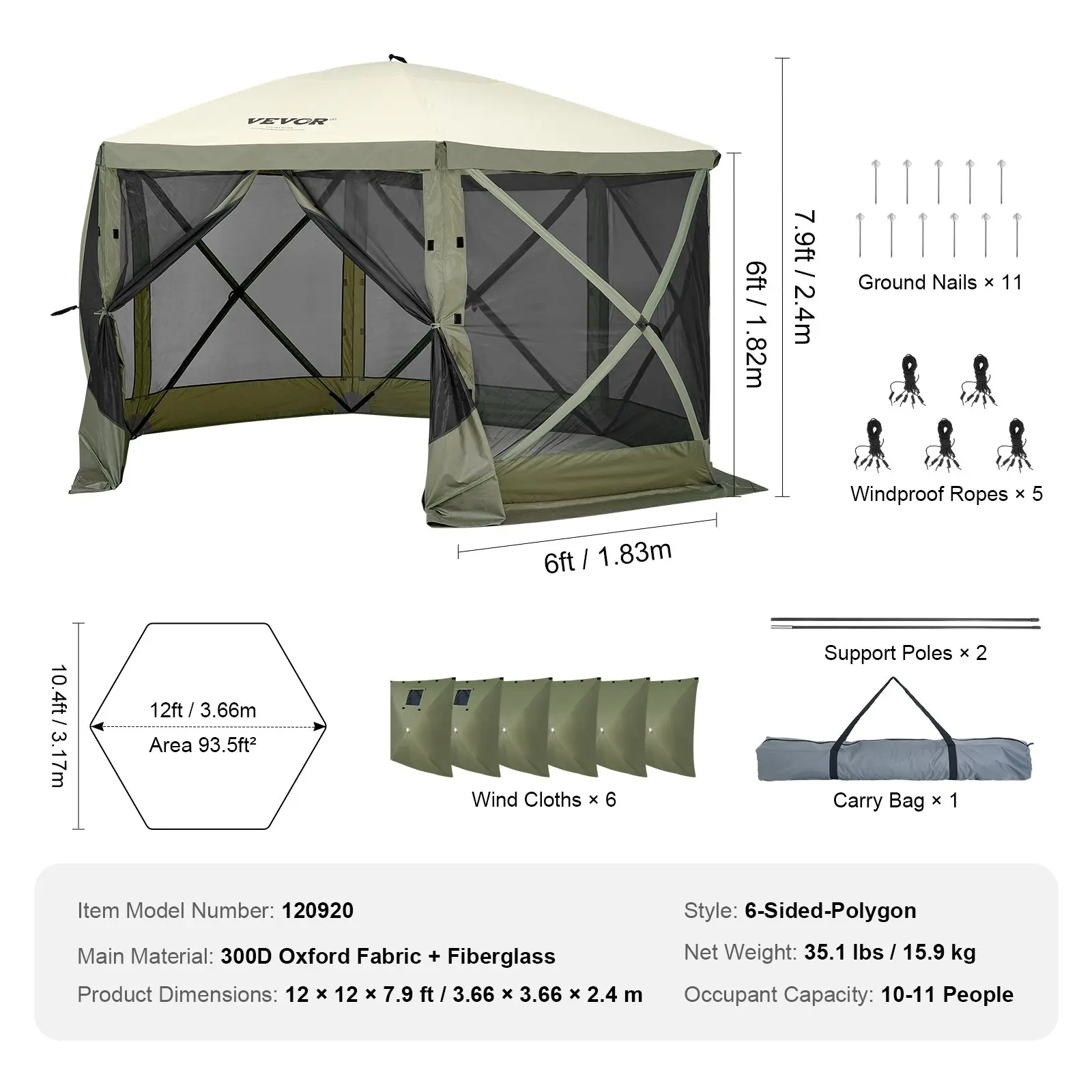 Camping Gazebo Screen Tent, 12*12ft, 6 Sided Pop-up Canopy Shelter Tent with Mesh Windows, Portable Carry Bag, Stakes, Large Shade Tents for Outdoor Camping, Lawn and Backyard, Brown/Beige