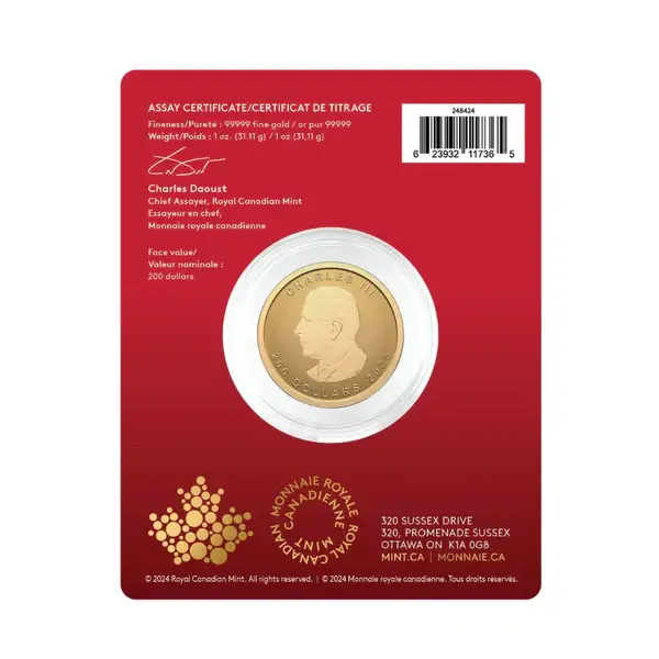2025 1 Oz Gold Coin $200 Canada—PUREST MAPLE LEAF